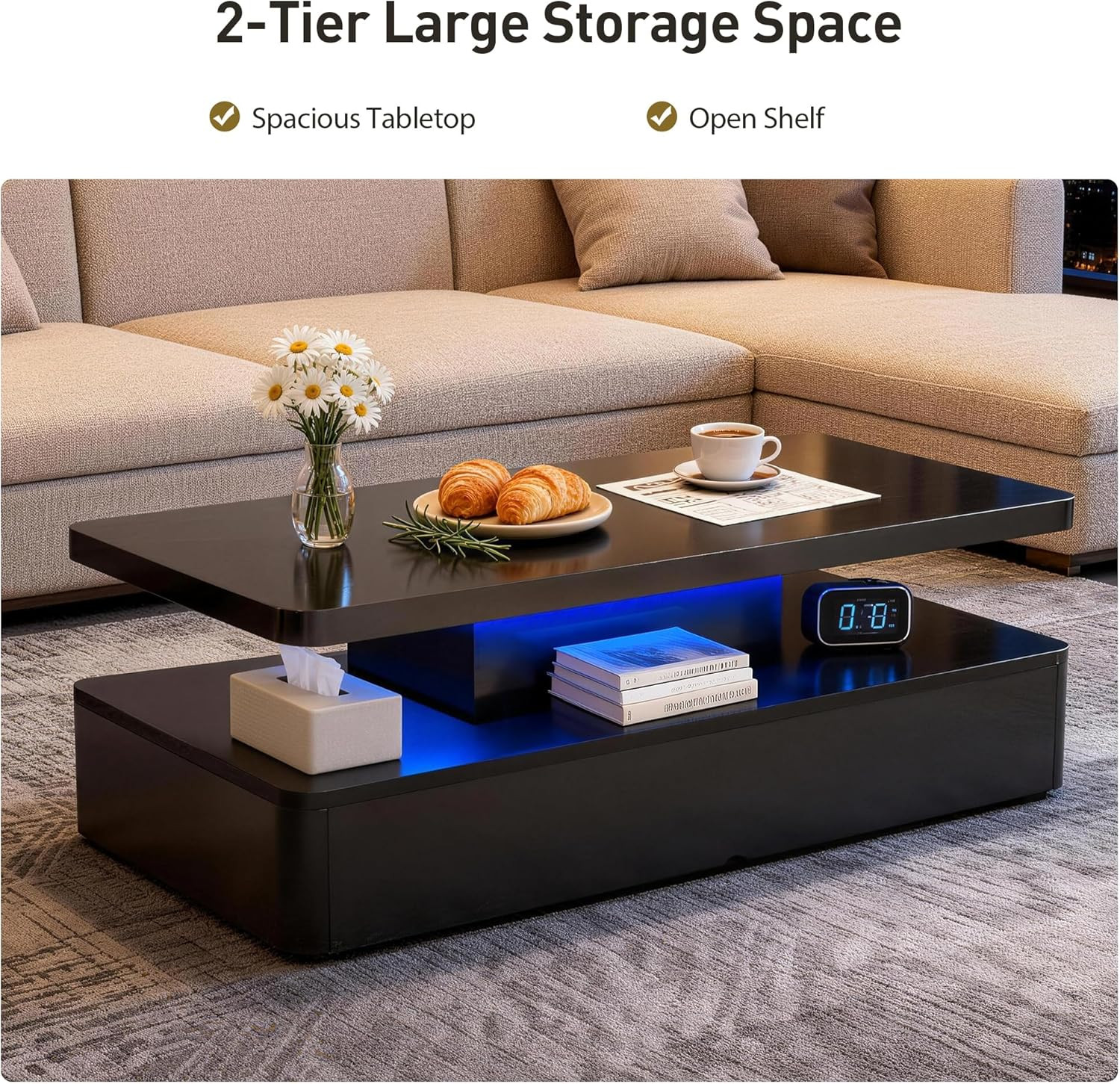 47″ LED Coffee Table with Storage, Modern High Glossy Design for Living Room