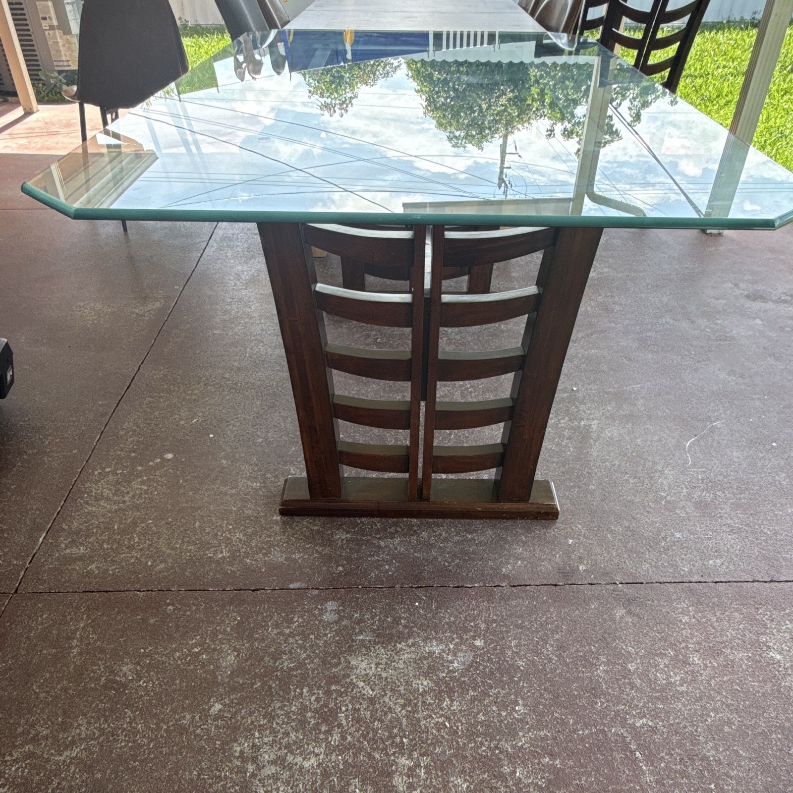Rectangular Glass Top Dining Table, Medium Brown Wood Base 62x36x29 in