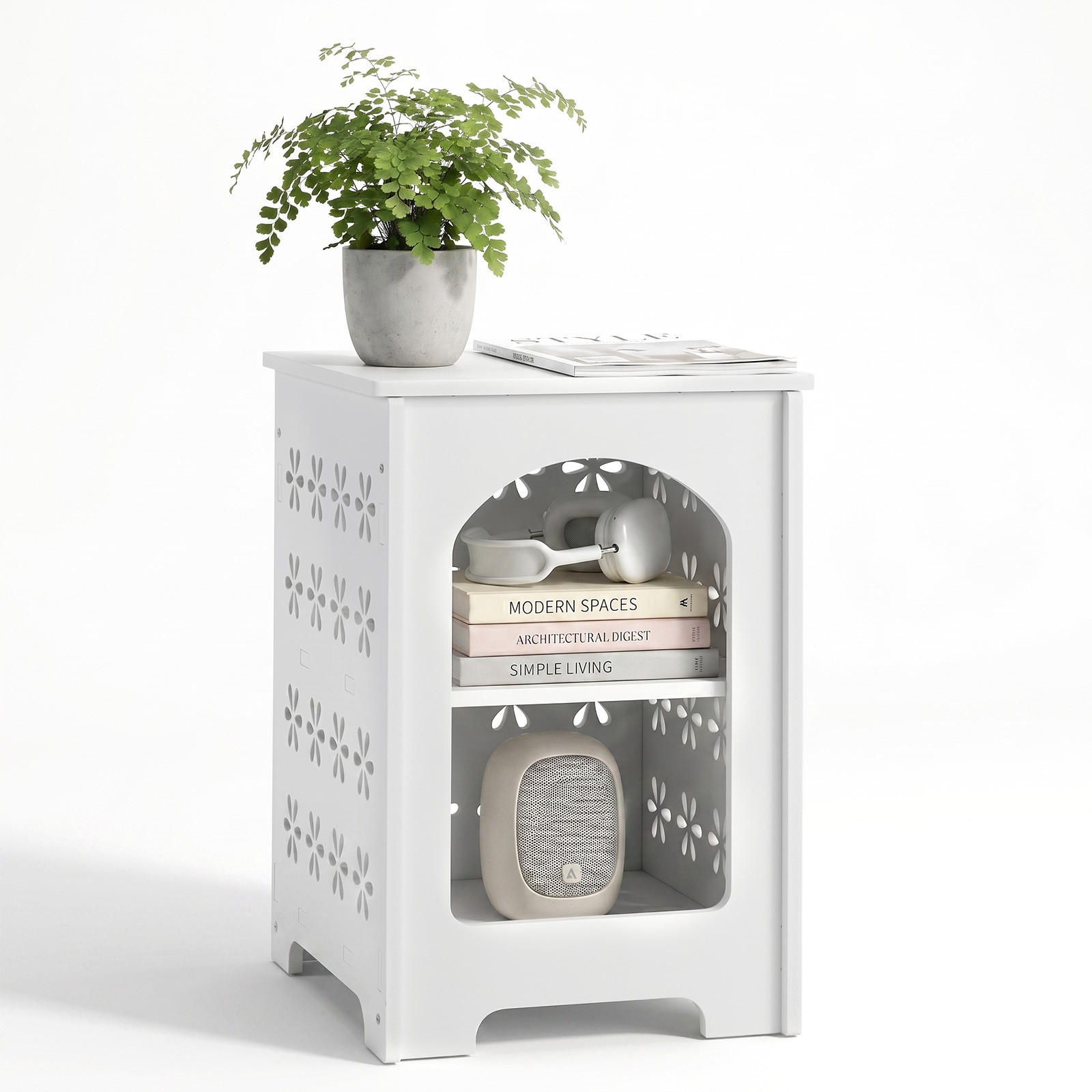 Side Table Living Room Bedroom, PVC Bedside with Storage Rack for Indoor