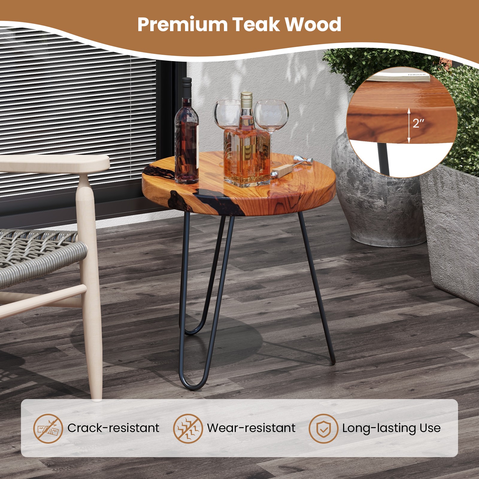 20″ Round Teak Wood End Table Solid Live Edge Outdoor Side Table w/Metal Frame