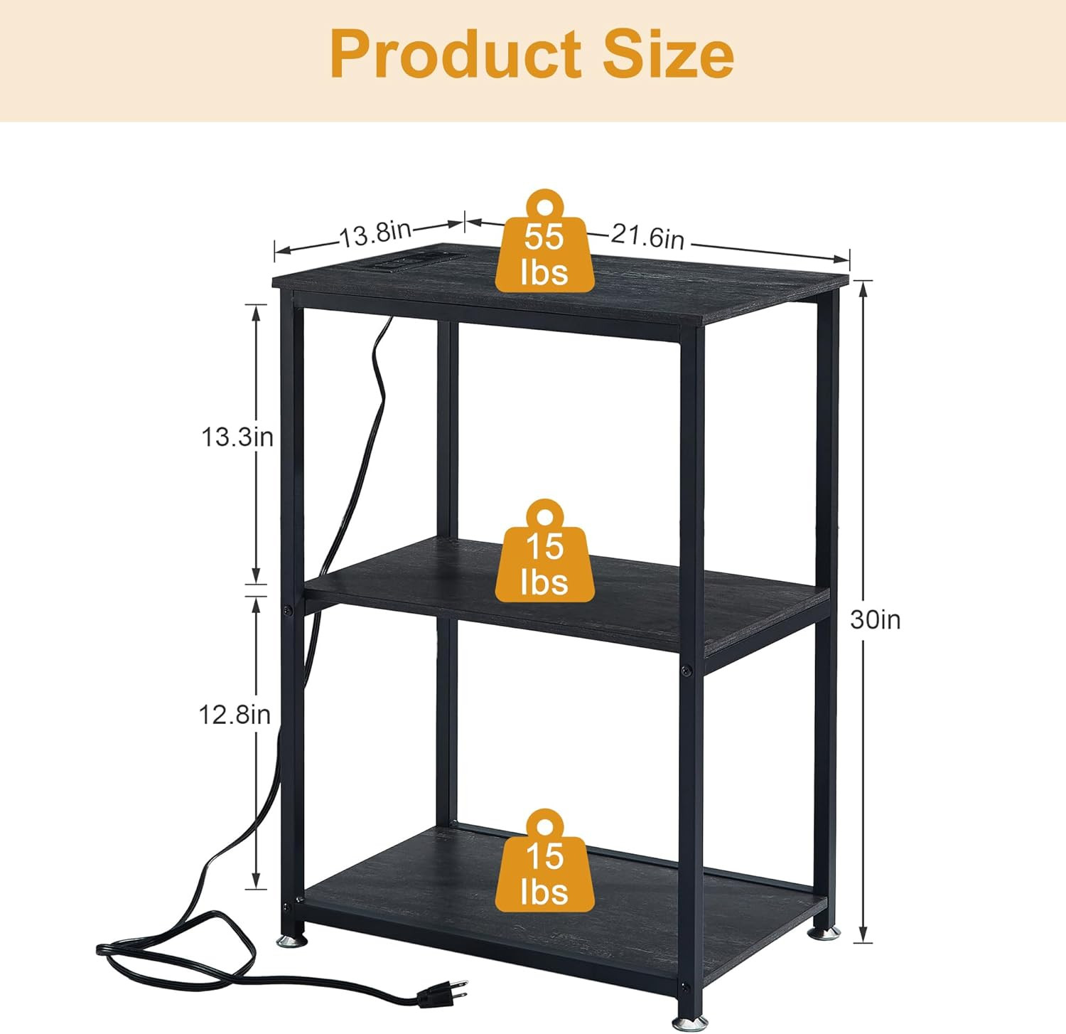 30″ Tall End Table with USB Ports & Outlets, 3-Tier Storage for Any Room