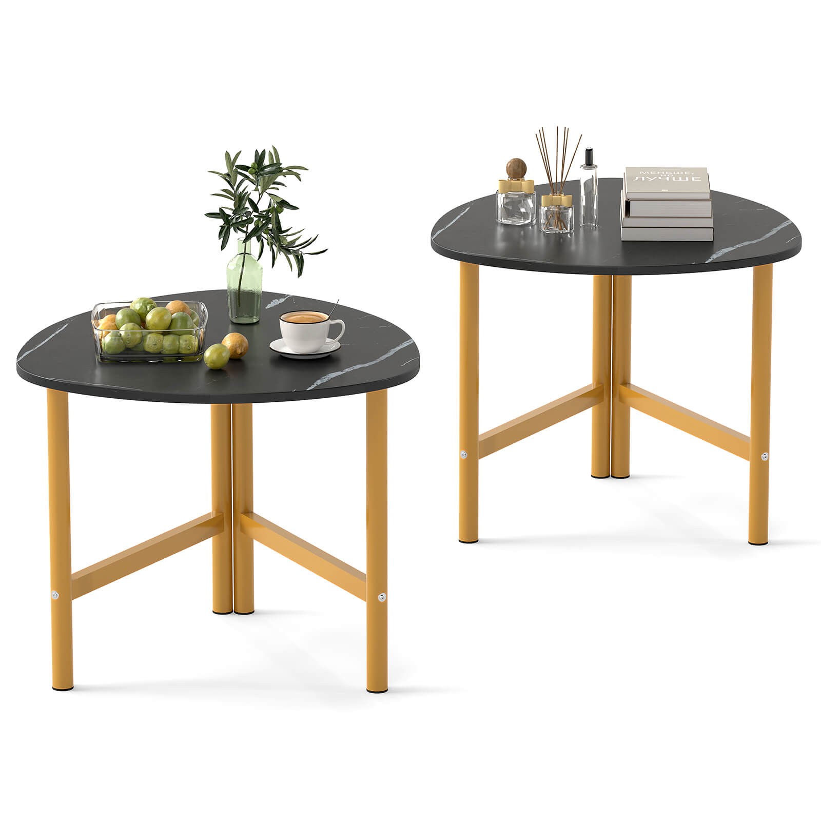 2PCS Triangle Coffee Table w/Metal Legs, Industrial Center Table for Living Room