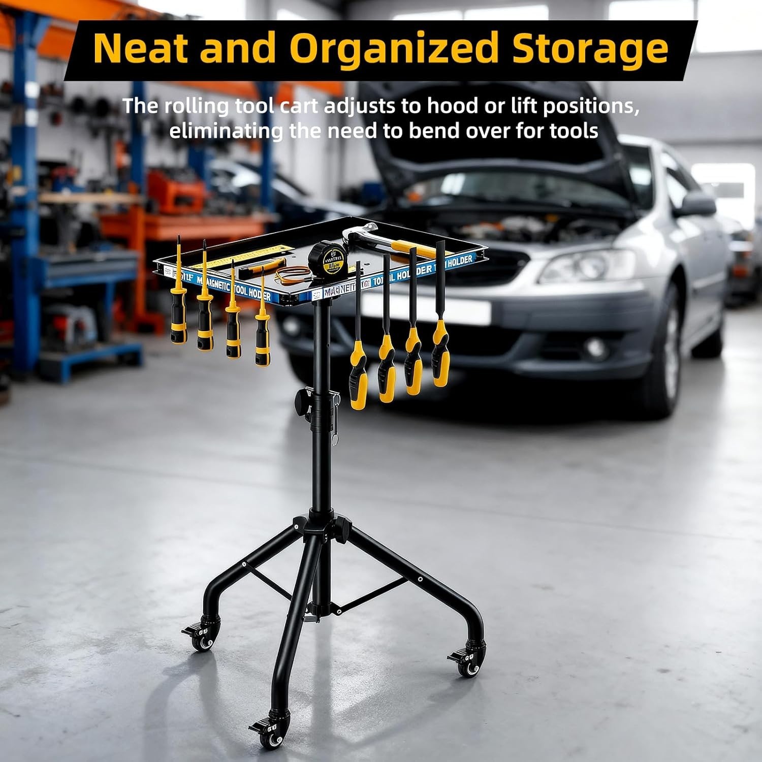 Mobile 360° Rolling Work Table with Magnetic Tray – Versatile Garage Organizer