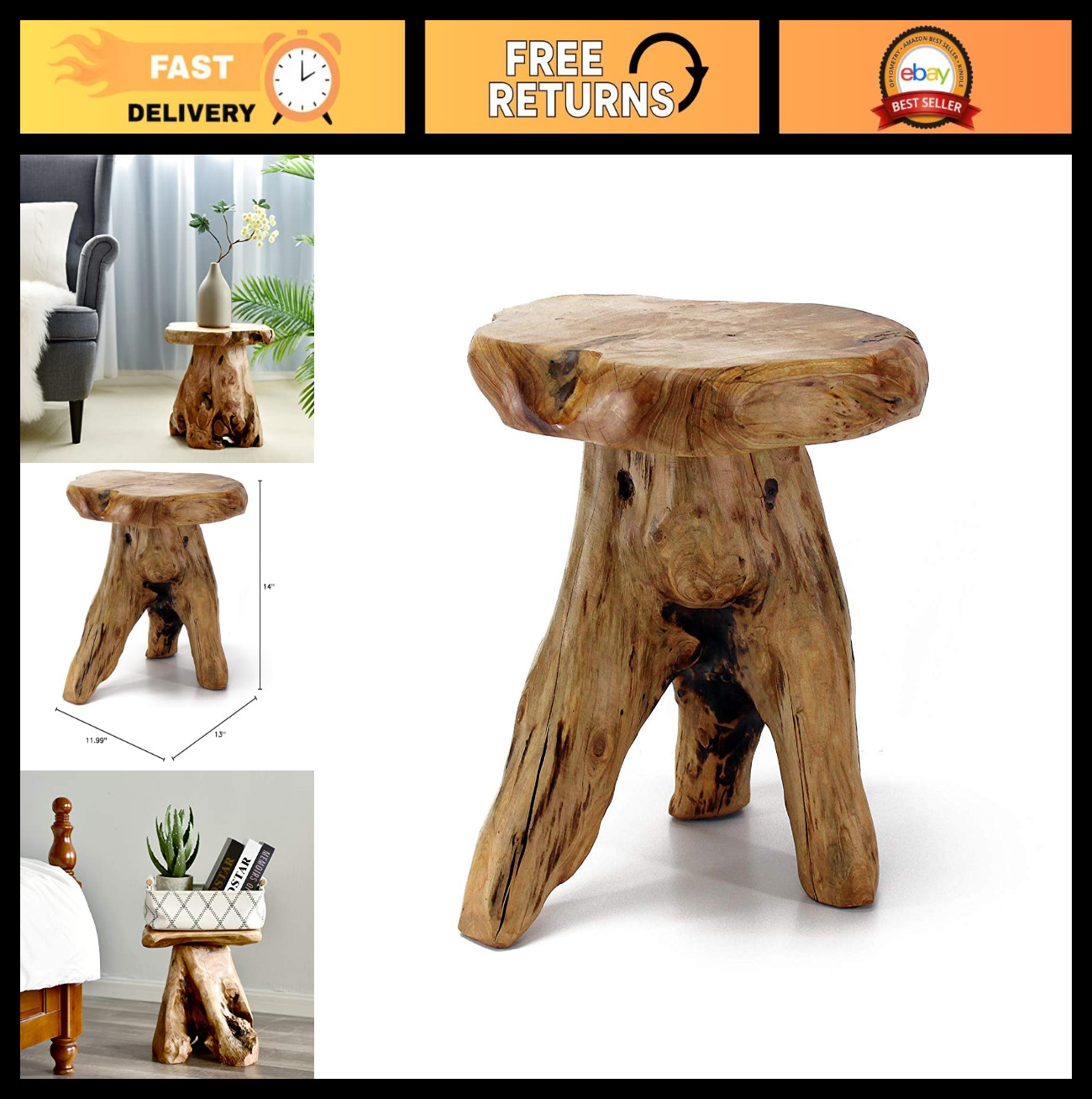 Natural Cedar Stump Stool 14″ – Live Edge Side Table, Plant Stand, Nightstand, G