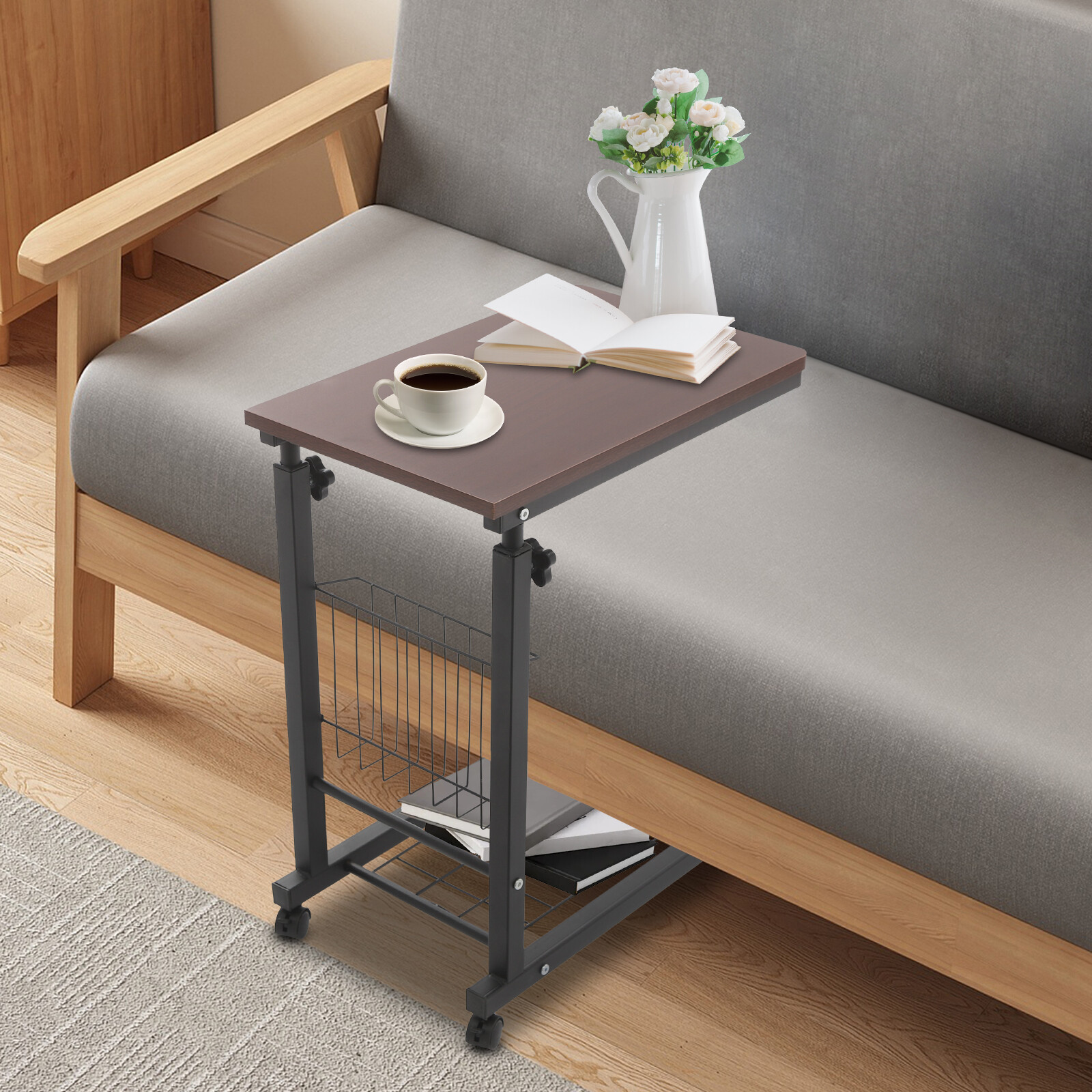 2 Tiers Red Walnut Color Mobile Standalone Adjustable Bed Side Table w/ Wheels