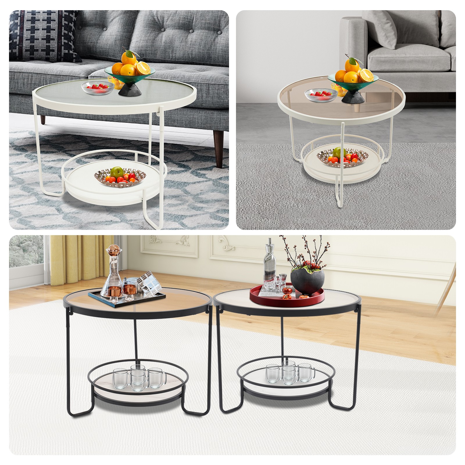 Modern Round 2-Tier Side Table – Black/White& Teal/Clear, Tempered Glass 60/40cm