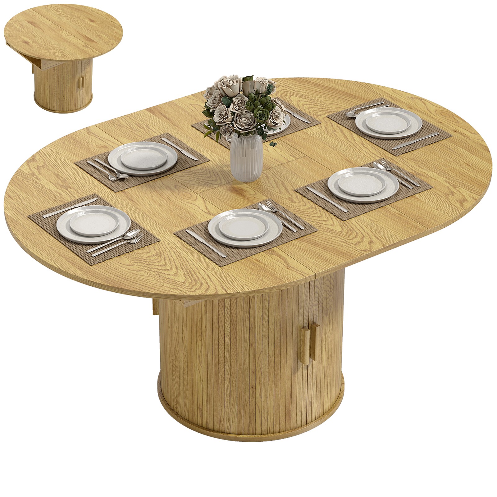 Extendable Dining Table, 60″ Oval Kitchen Table for 6, Natural Wood