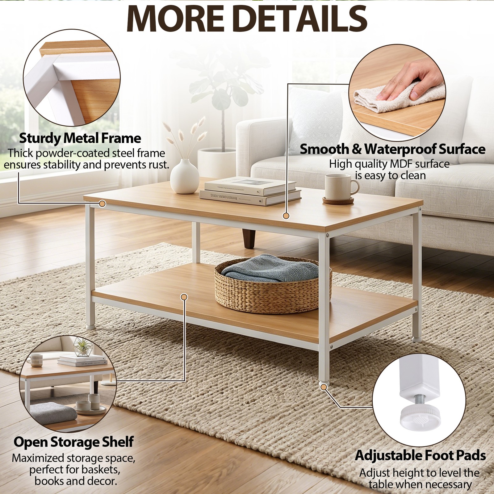31″ Natural Wood Coffee Table Rectangular Coffee Table w/Storage Shelf Durable