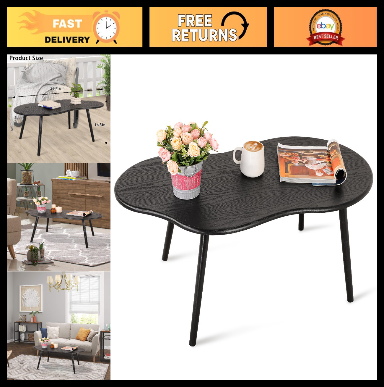 Modern Black Cloud Coffee Table for Small Spaces – Unique Irregular Design, Wood