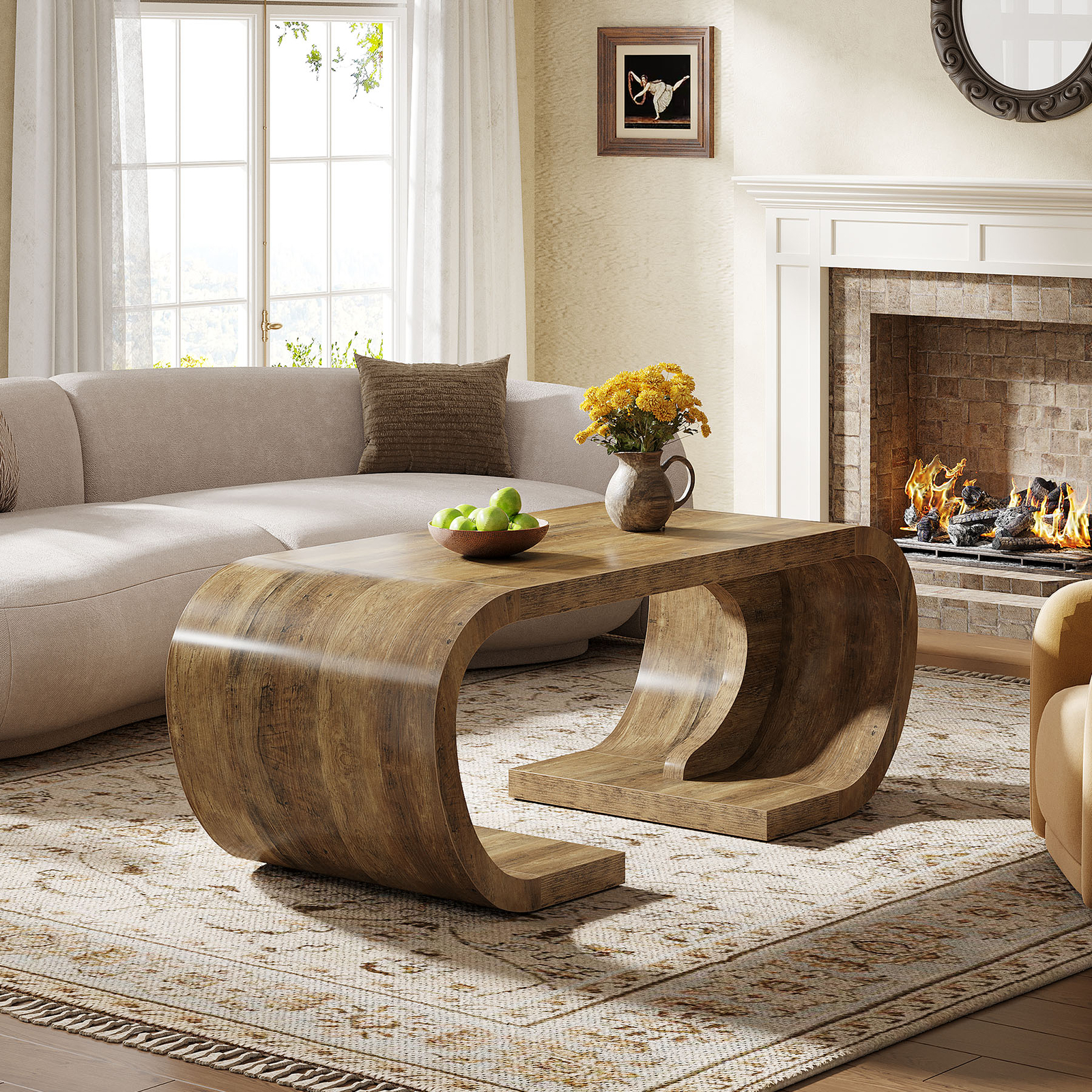Tribesigns Farmhouse Coffee Table 47″ Heavy Duty C-Shaped Center Table for Home