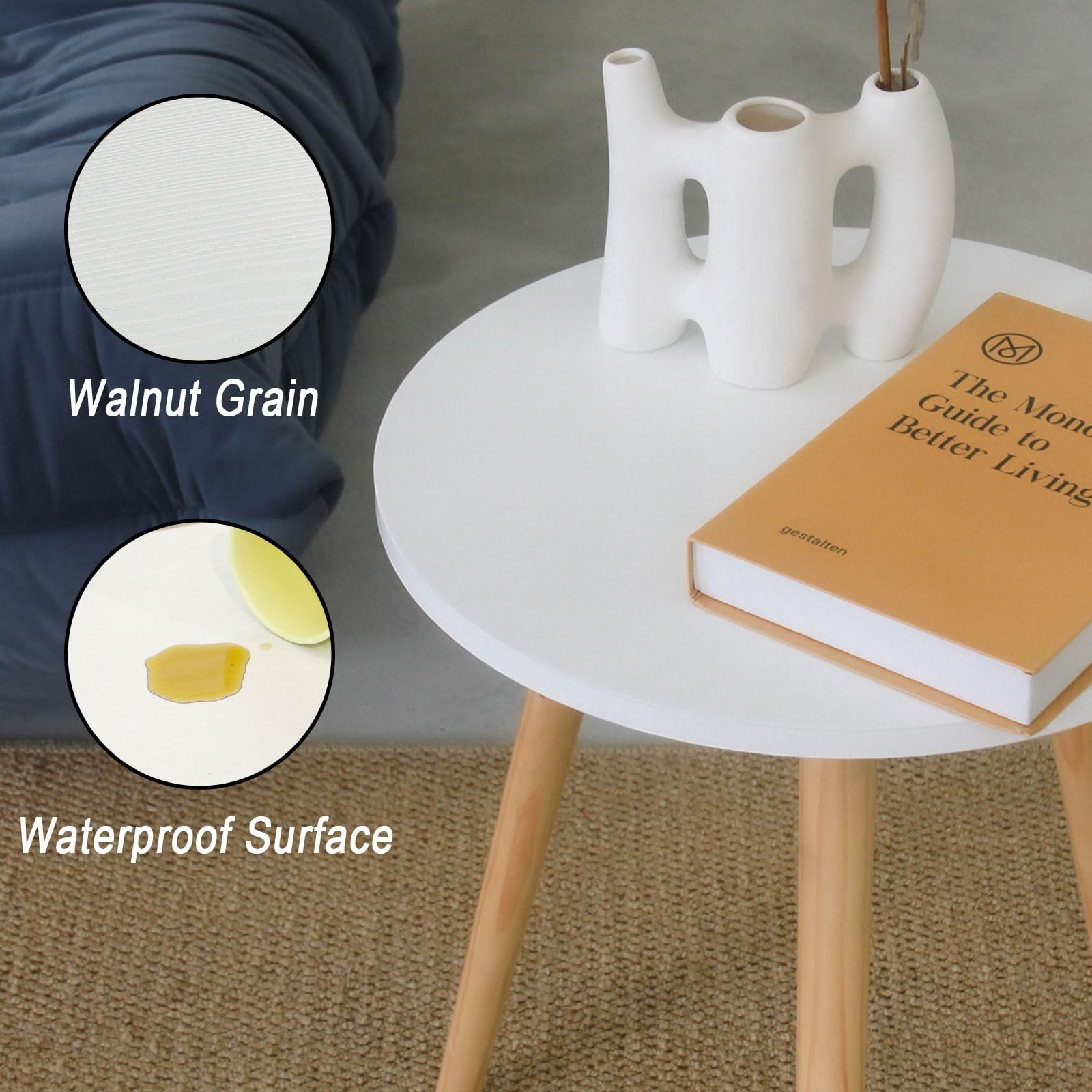 AWASEN Round Side Table, Small Accent Table Nightstand 16 x 19.5 in, White