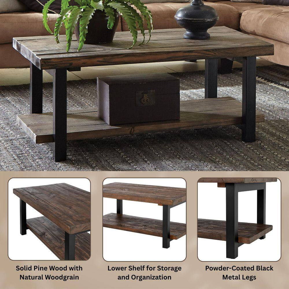 Pomona 42 In. Rustic/Natural Rectangle Wood Top Coffee Table with Shelf