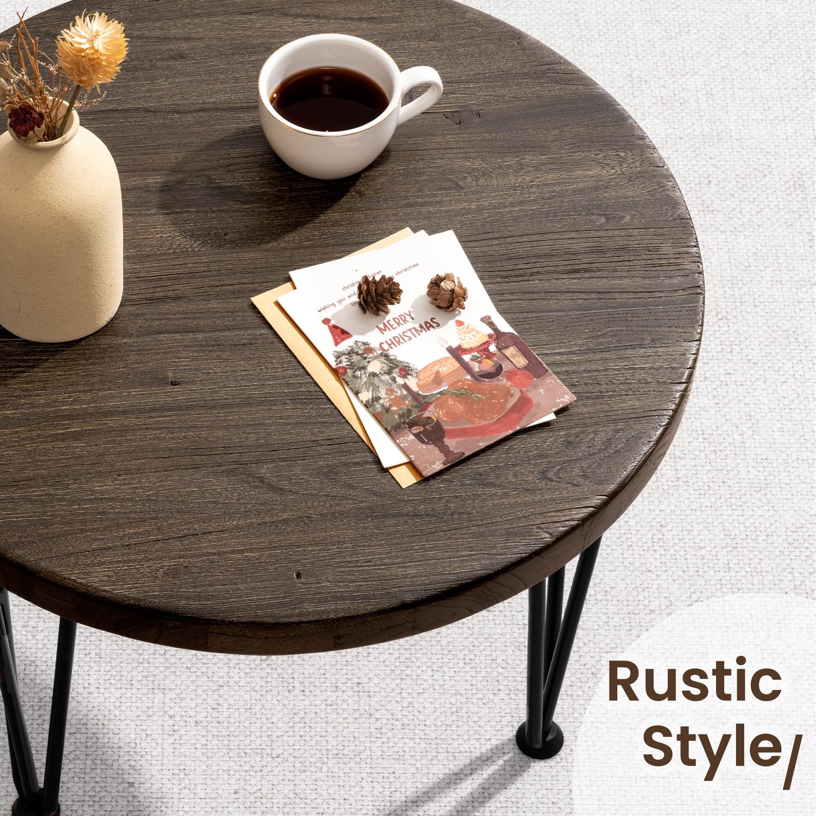 Round Coffee Table – Elm Wood Nesting Table with Metal Legs & Non Slip Feet B…