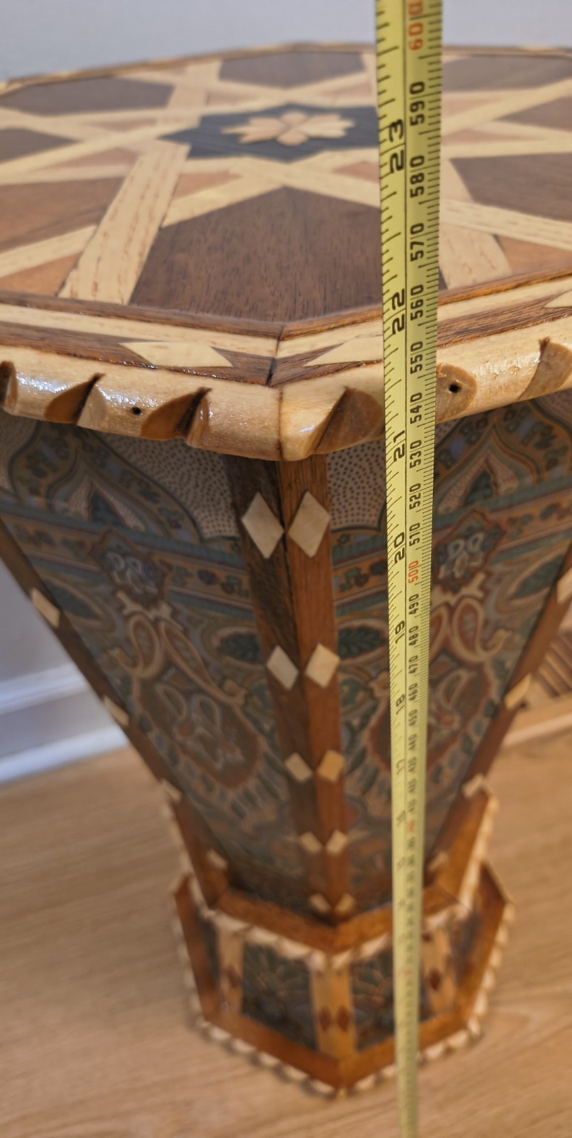 Unique Moroccan Wood Side Table – Hand-Carved Artisan Geometric Design 23″x17″