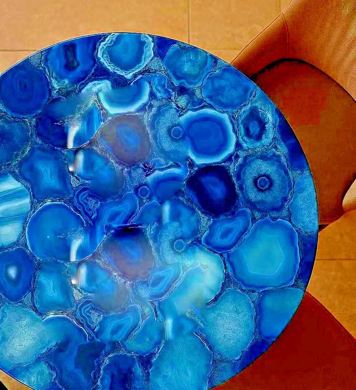 15″ Blue Agate Coffee Table Natural Stone Top, Luxury Gemstone Accent Furniture