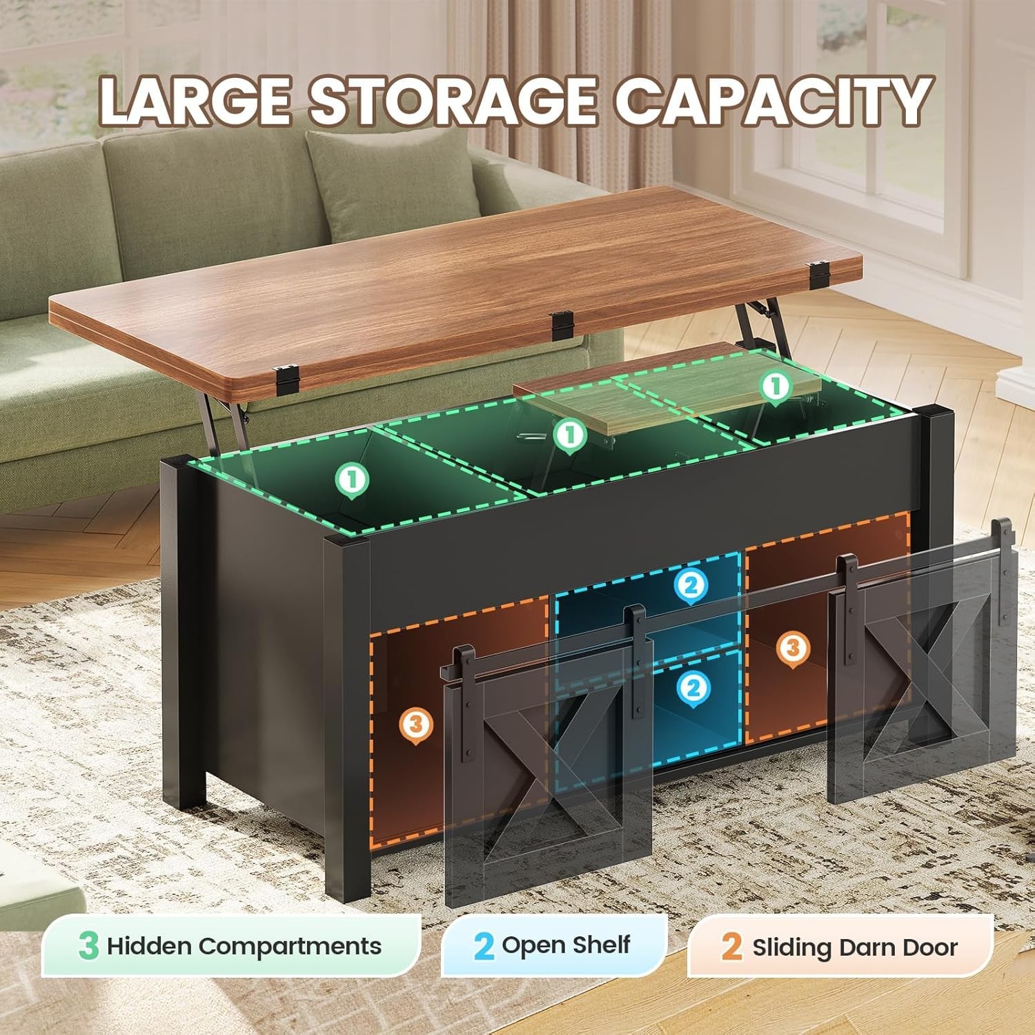 Farmhouse Lift Top Coffee Table, 4 in 1 Convertible Coffee Table with Storage
