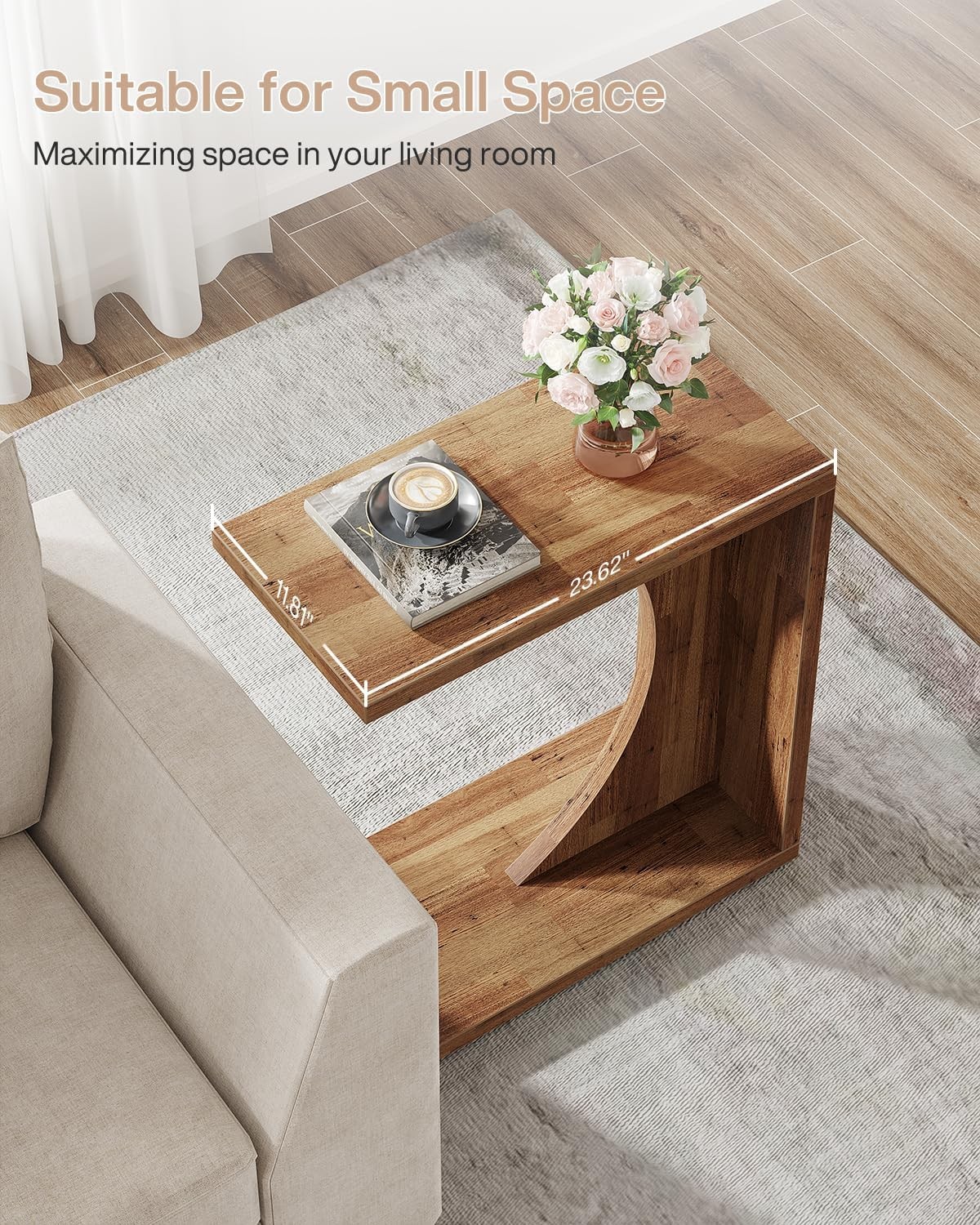C-Shaped End Table, Wooden Sofa Side Table for Small Space, Living Room, Bedroom