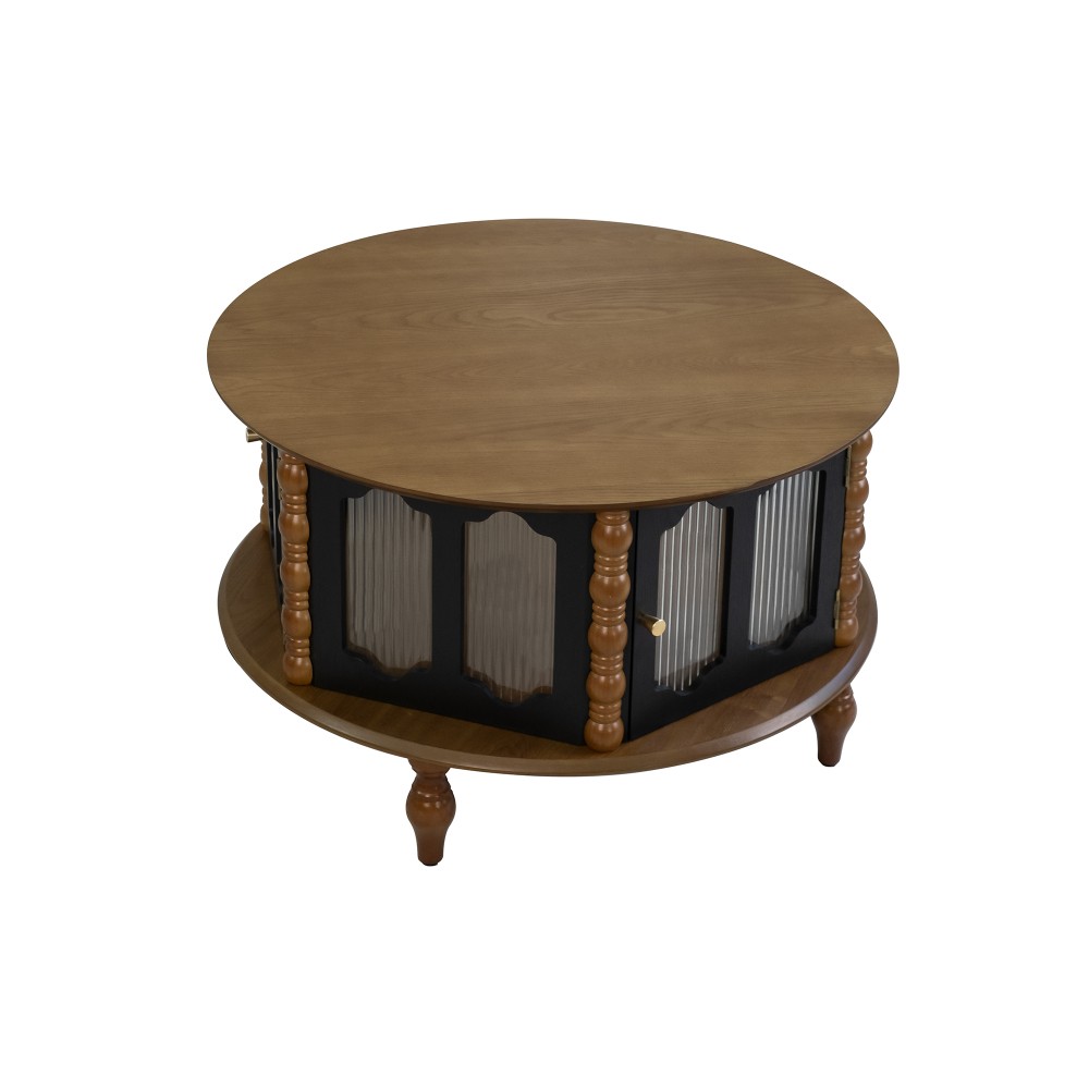 31.5 in Round Three-Door Storage Coffee Table Real Wood Veneer Coffee Table