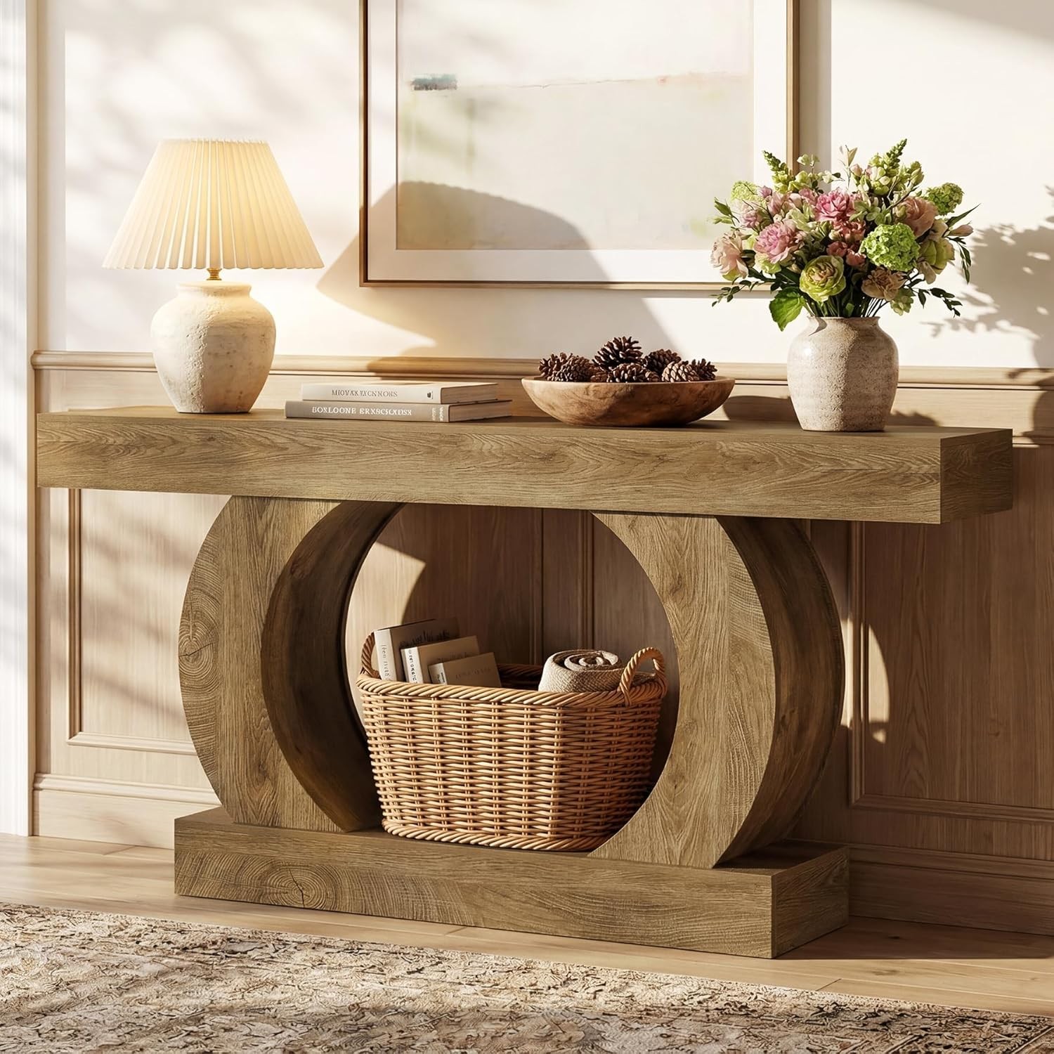 59-Inch Farmhouse Console Table, Curved Entryway Table with Unique Circular Base