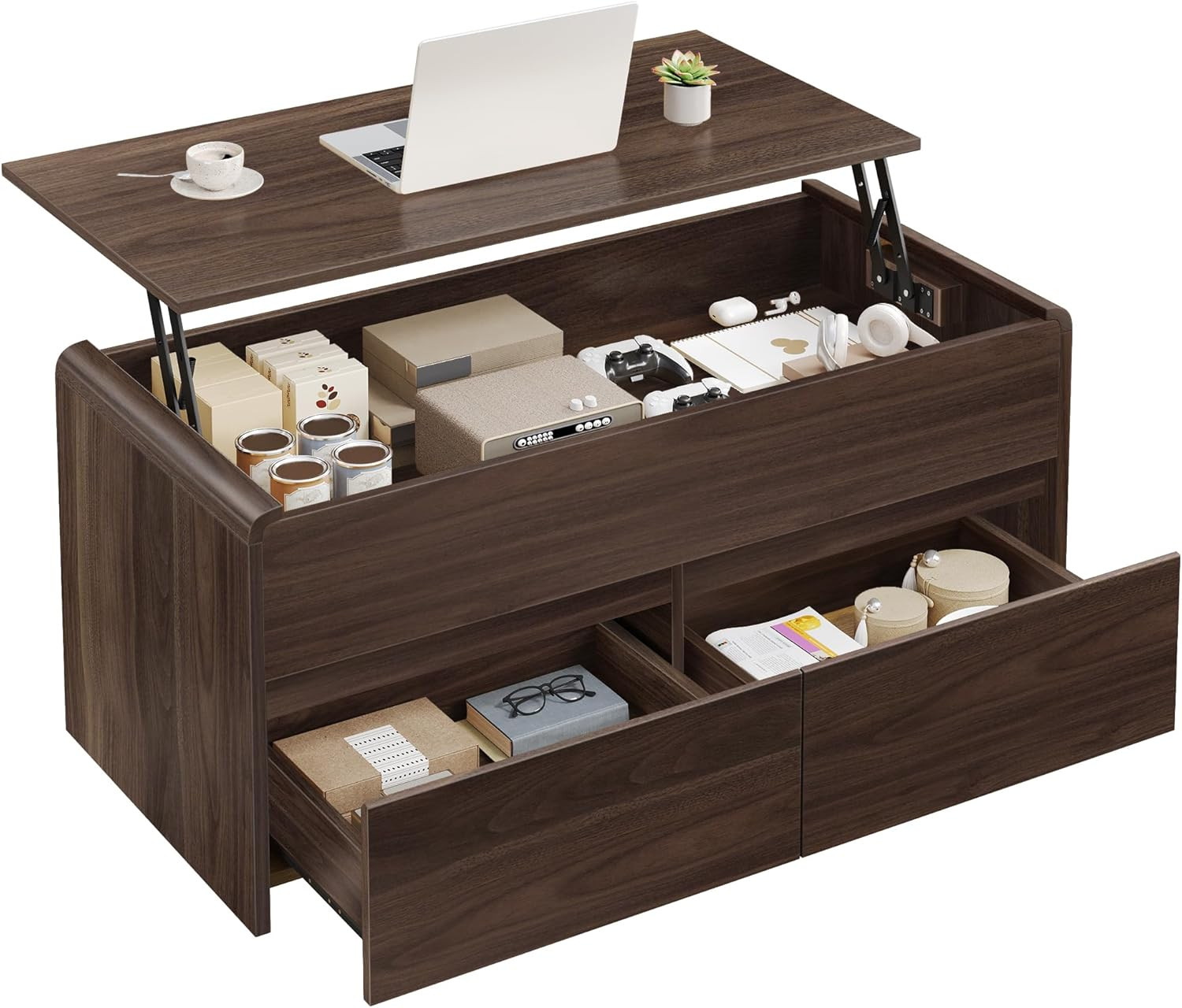 Lift Top Coffee Table with Storage Drawers – Walnut, 39In for Small Spaces