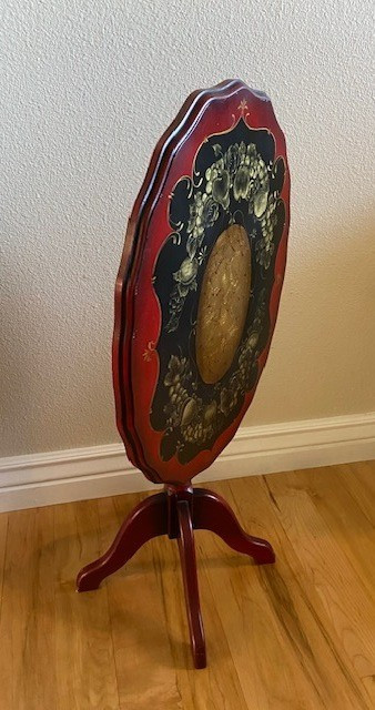 VTG Wooden Tilt Table Hand Painted Tole and Gold Leaf, Floral & Fruits, Unique