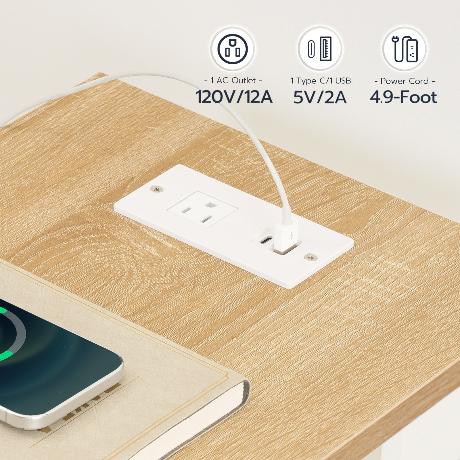 C-Shaped End Table w/ Charging Station Side Table Bedside Table White Natural