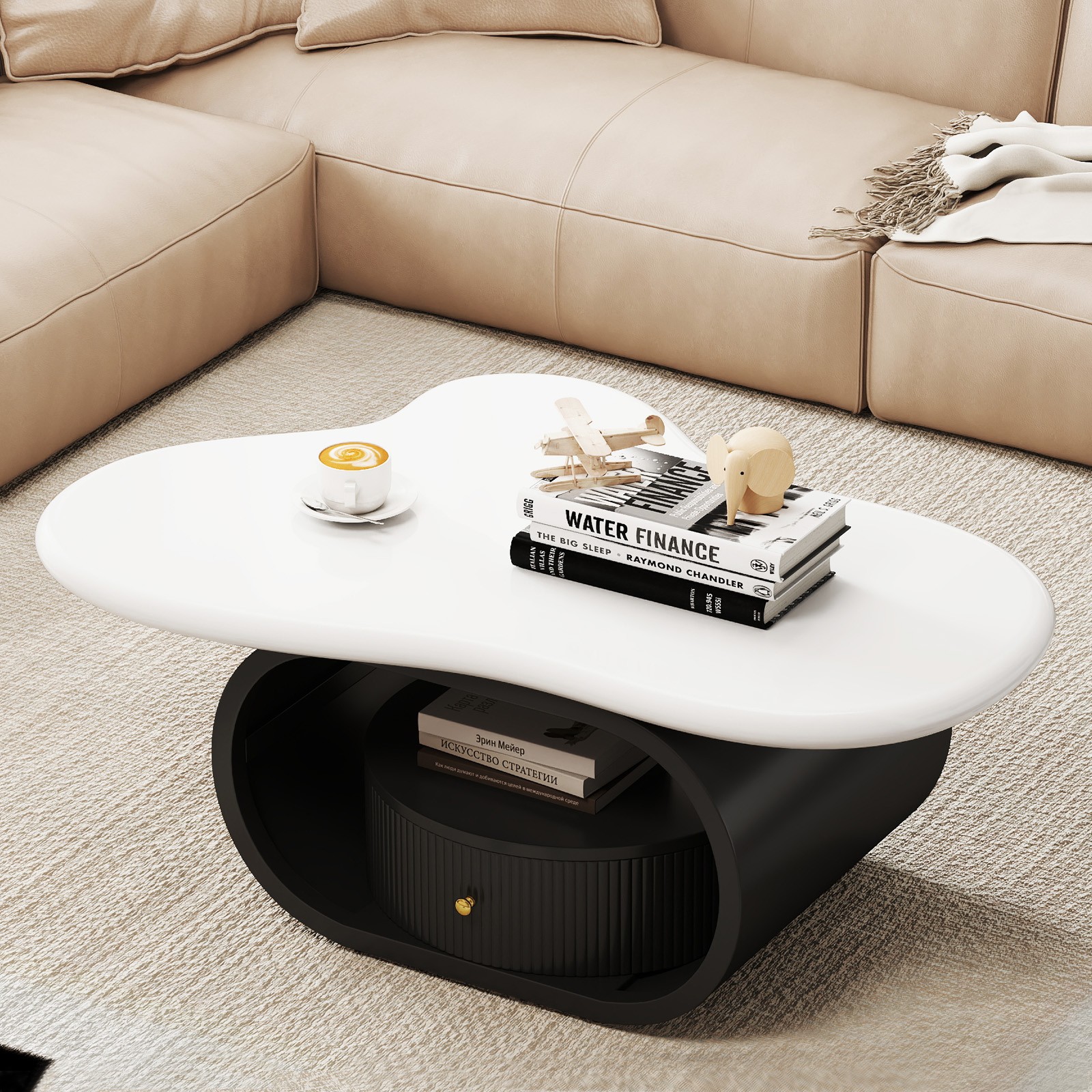 Modern 39″ White Coffee Table Cloud Center Table MDF Metal w/ Drawer Living Room