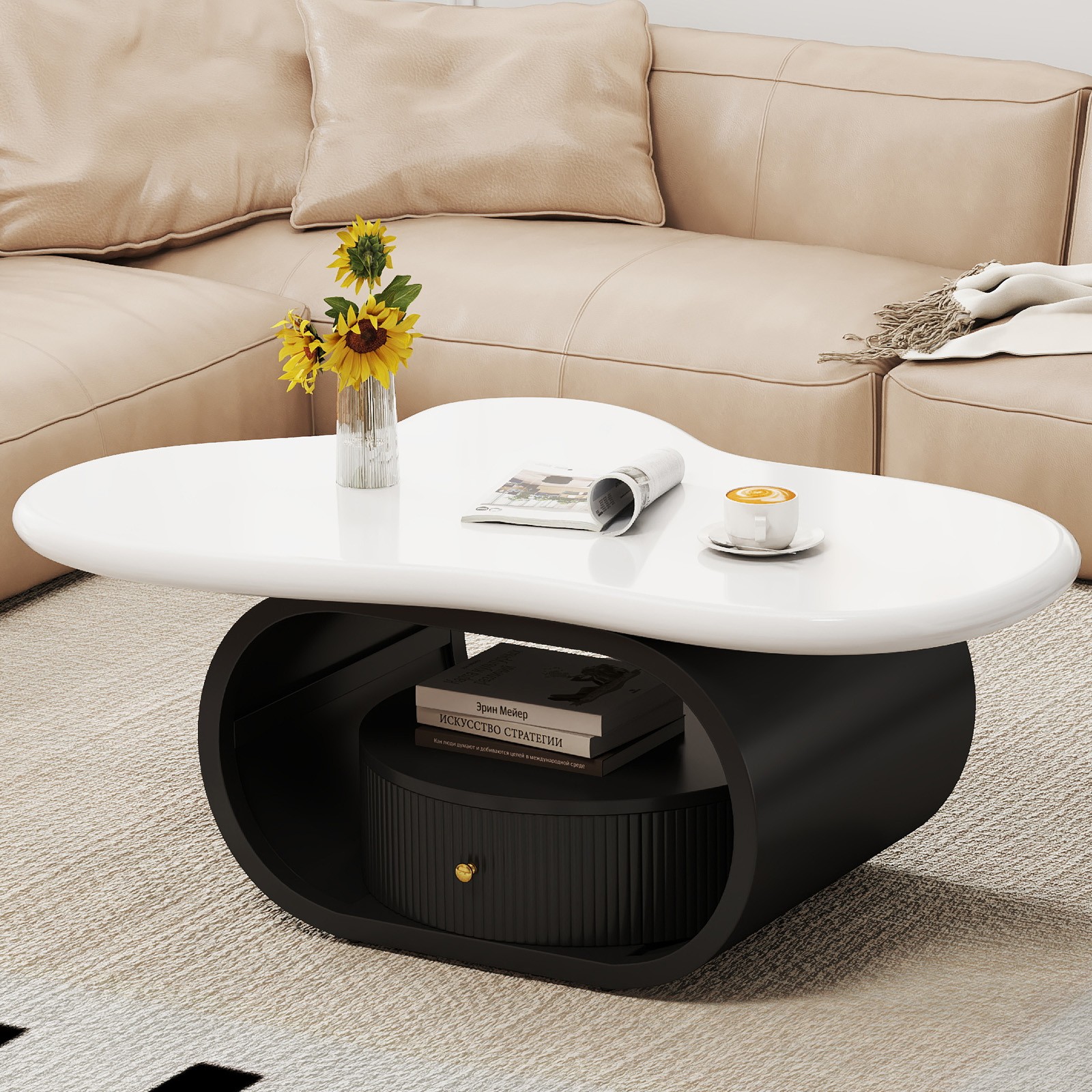 39″ Irregular Cloud Coffee Table MDF Metal Center Table with Drawer Home Office
