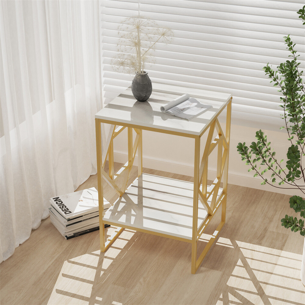 2 Tier Bed Side Accent Marble Table Living Room End Table Glossy Gold Nightstand