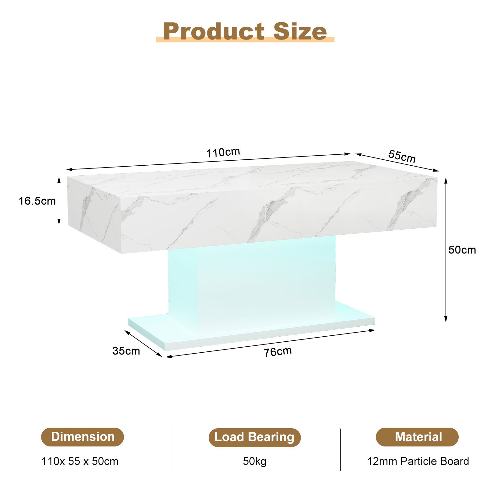 Marble White Modern High Glossy LED Coffee Table 16Color LED Light Living Room