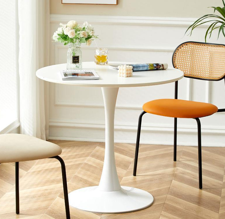 White Round Table 24″ Modern Dining Table MDF Top and Steel Base for Living Room