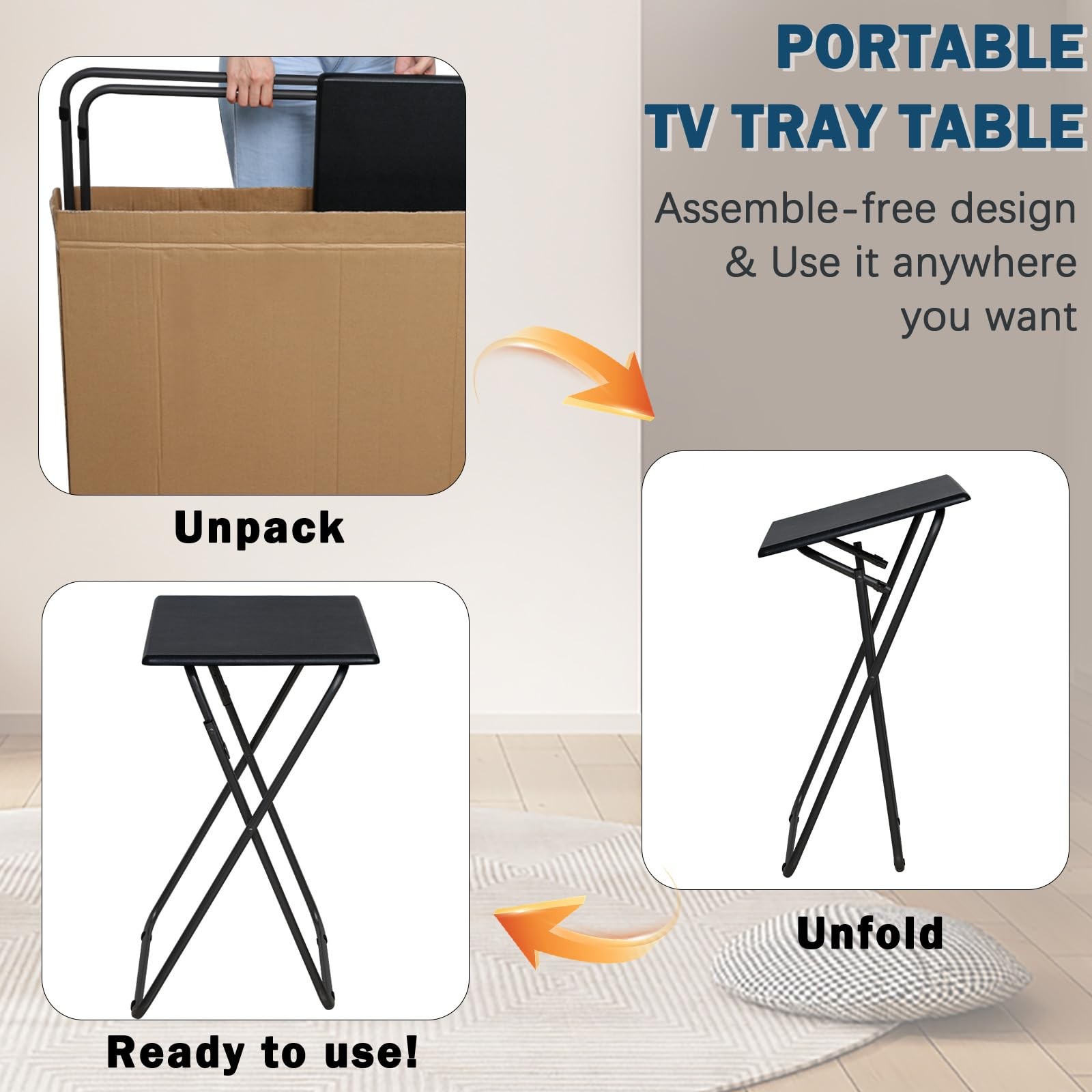 Folding TV Tray Set 4 Black MDF Metal Portable Dining Table Couch Sofa