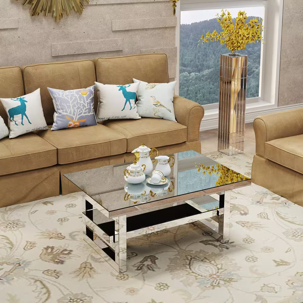 39 In. Silver Rectangle Mirror Glass Top Coffee Table with Shelf