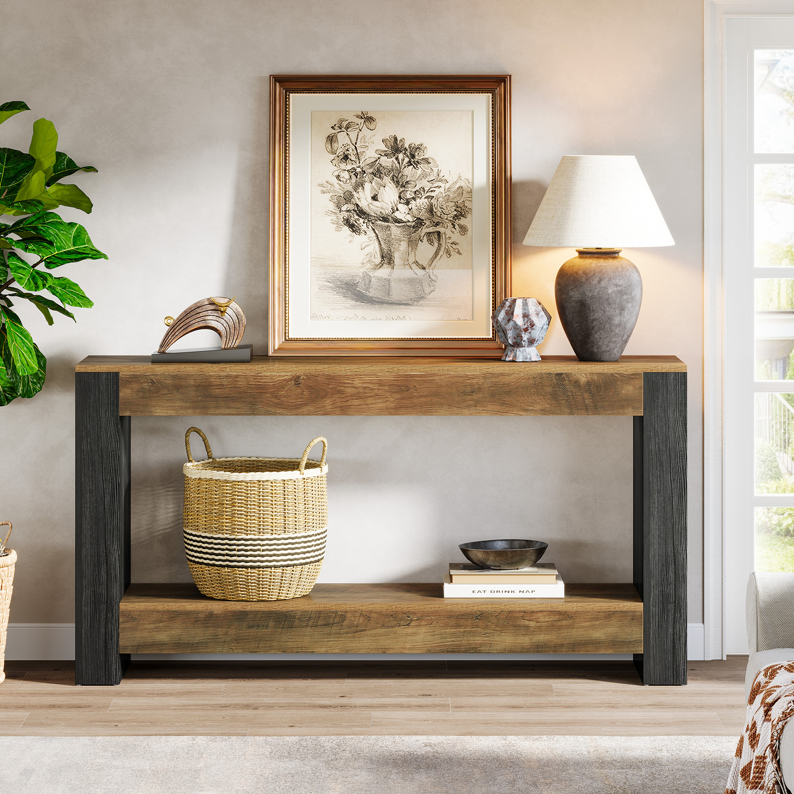 Tribesigns Rustic Entryway Console Table, 63″ Long Sofa Table Behind Couch Table
