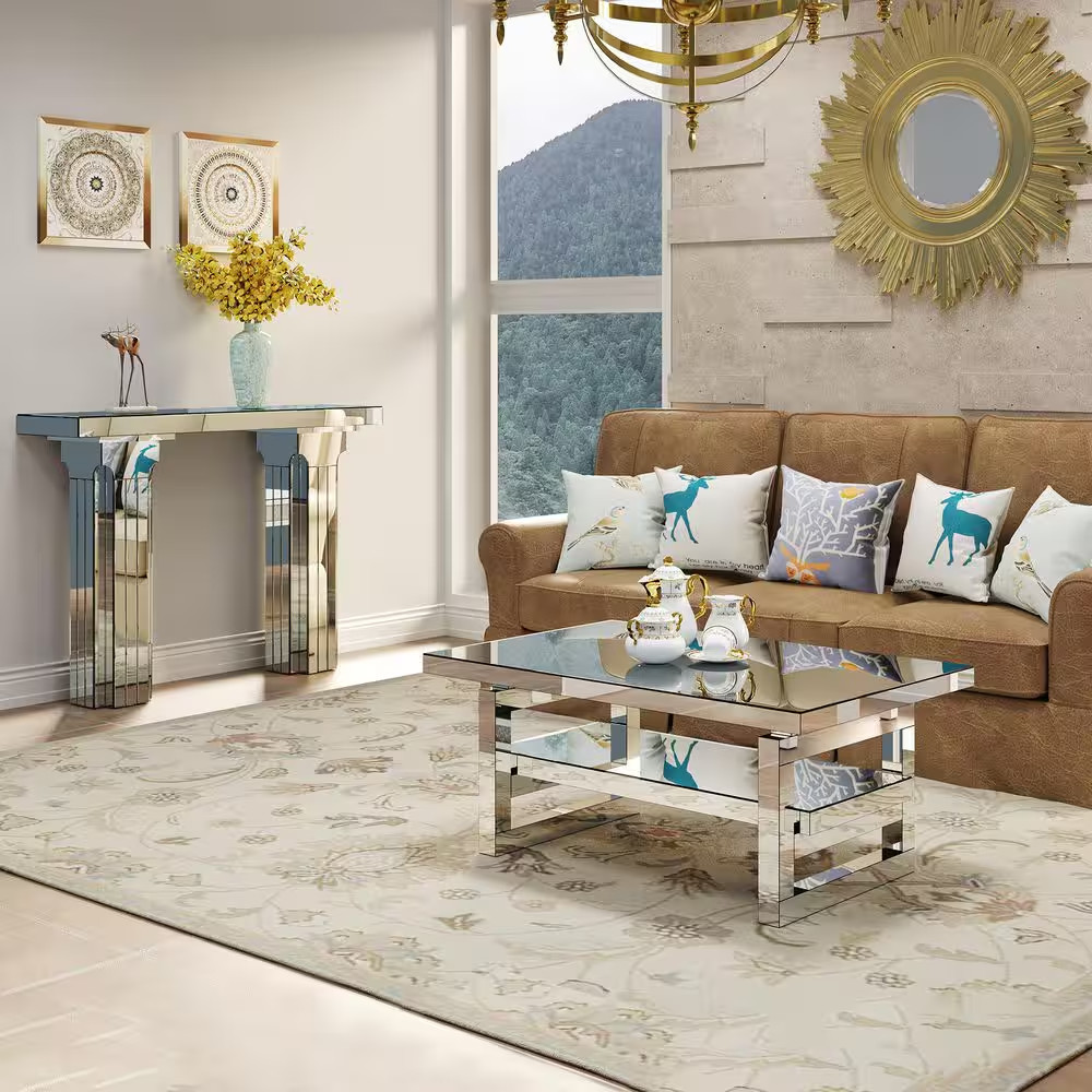 39 In. Silver Rectangle Mirror Glass Top Coffee Table with Shelf
