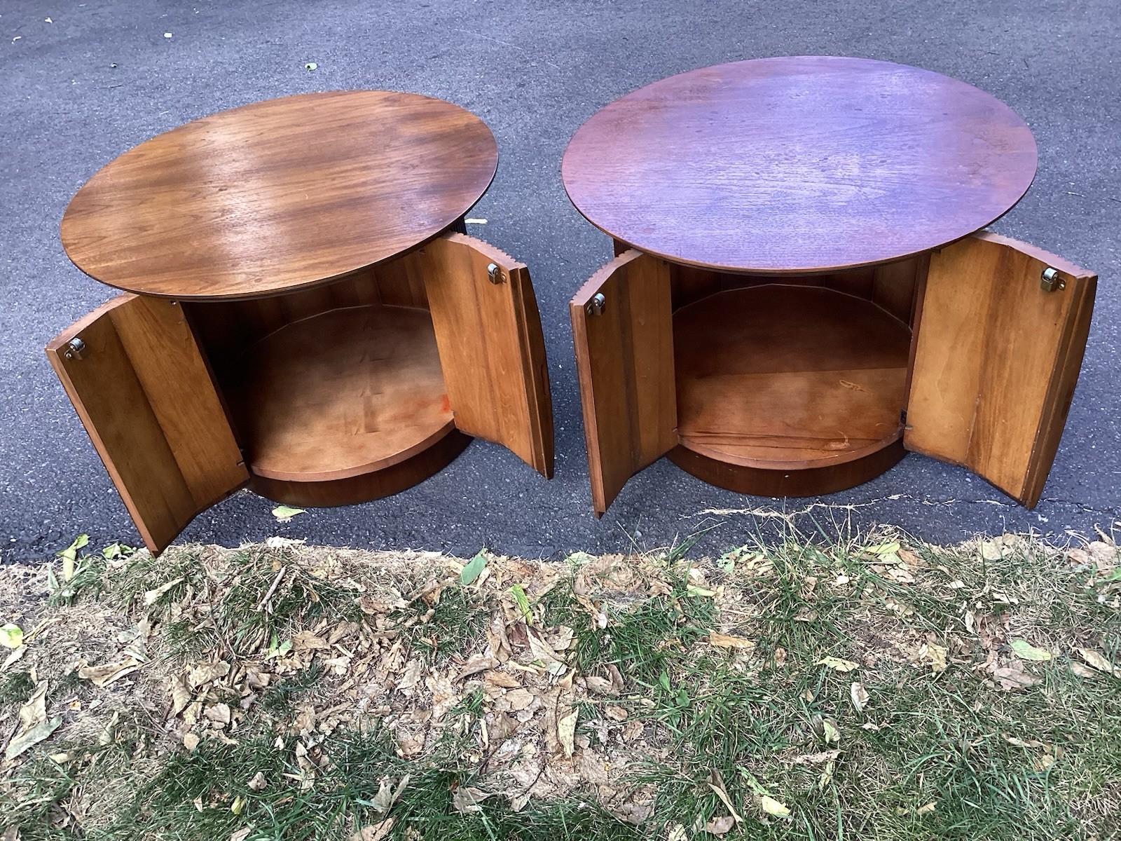 LANE First Edition MCM Mid Century Round Cabinet End Tables, Nightstands, A Pair