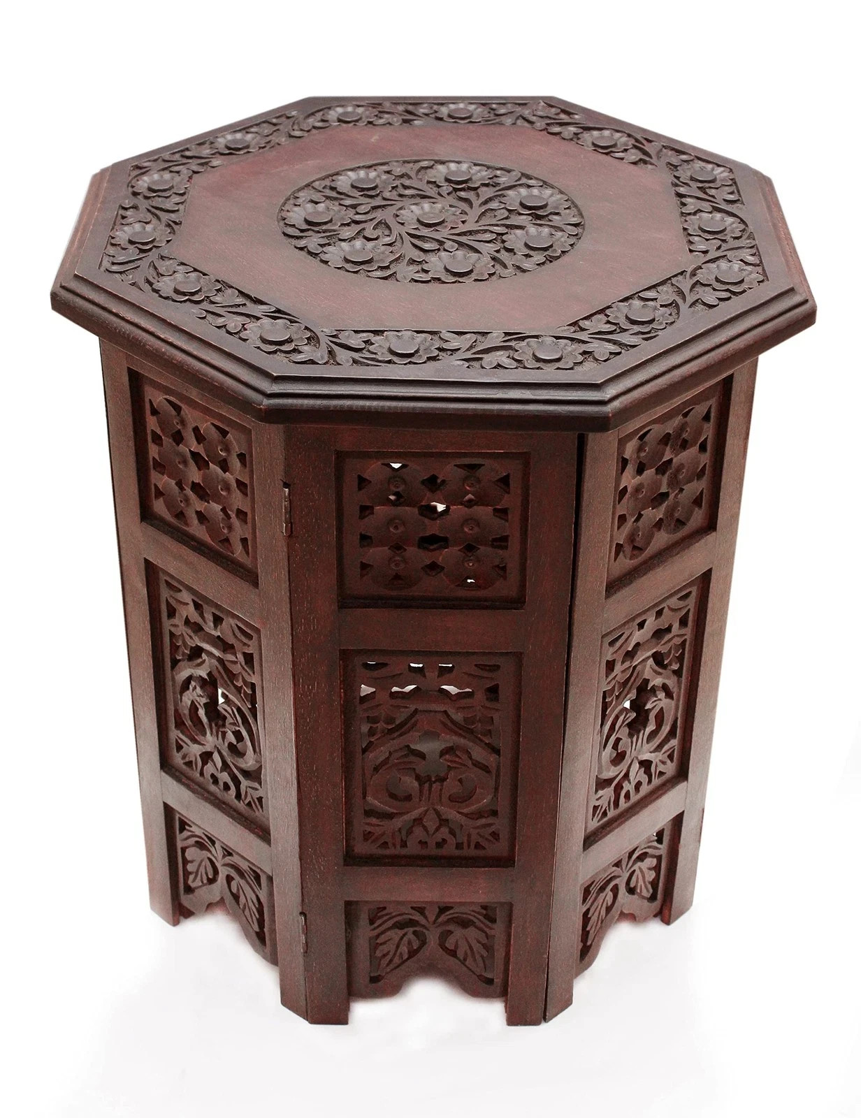 Accent End Table Solid Wood Hand Carved Folding 18×18 Brown Vintage Boho
