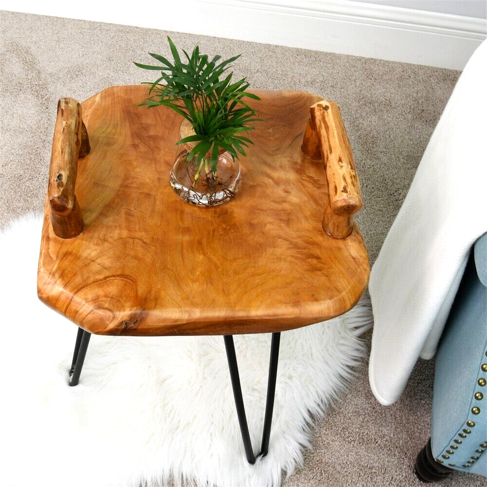 GREENAGE Cedar Service Tray Table, Natural Edge End Table 15″ x 15″ x 23.5″ High