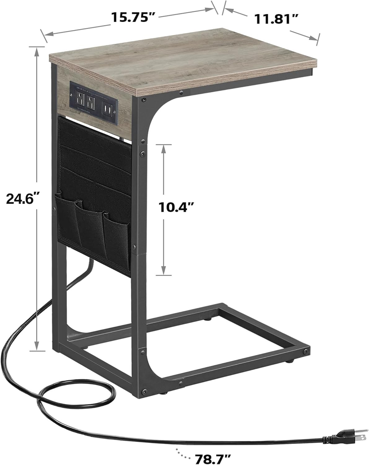 C Shaped End Table with Charging Station, Side Table for Sofa, Couch Table with