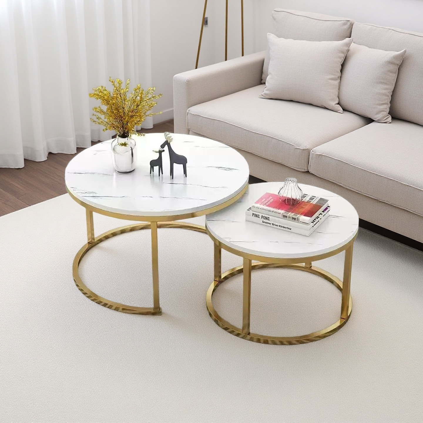 27 inch stylish living room coffee table, white and gold round design table