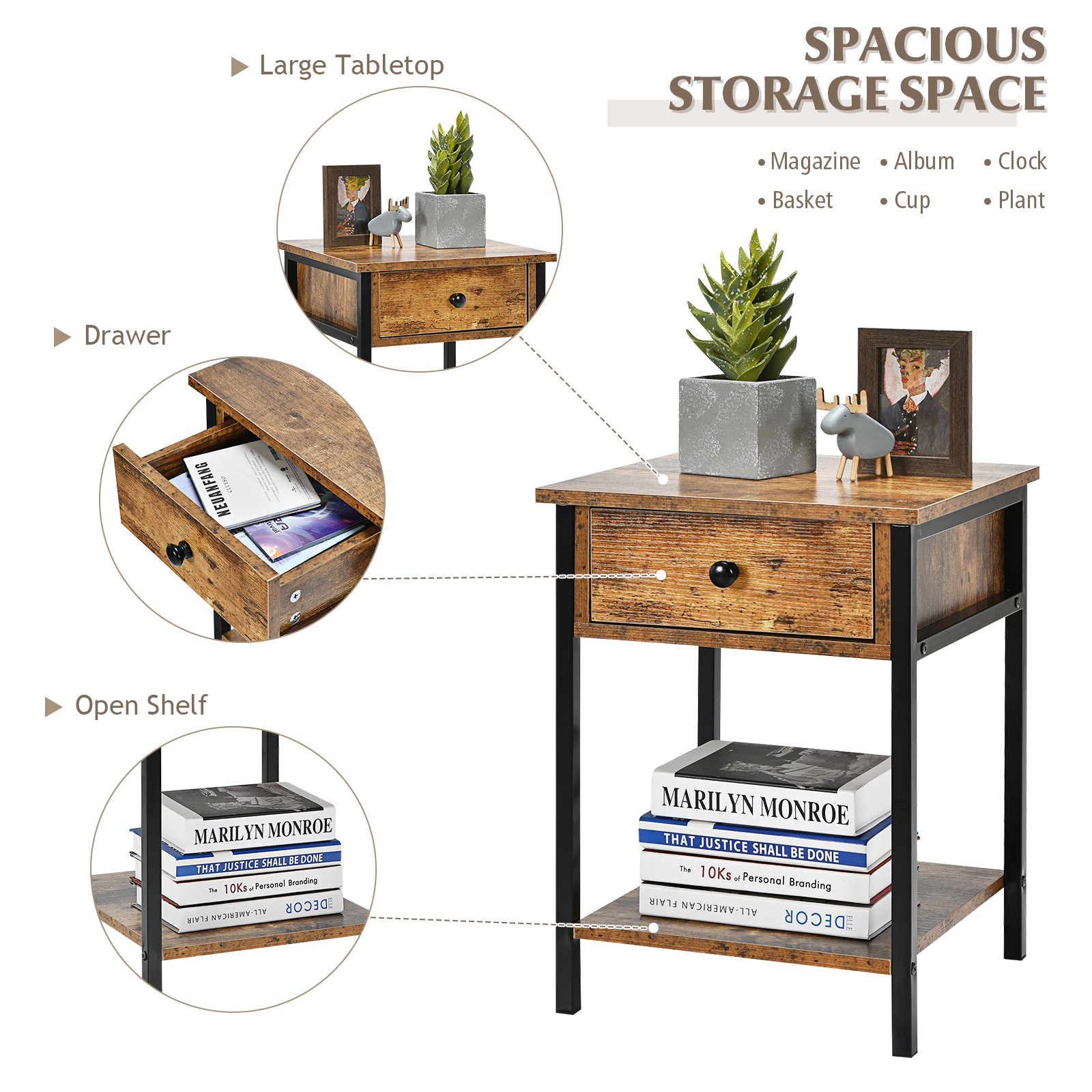 Costway 2PCS Industrial End Side Table Nightstand with Drawer Shelf Rustic Brown