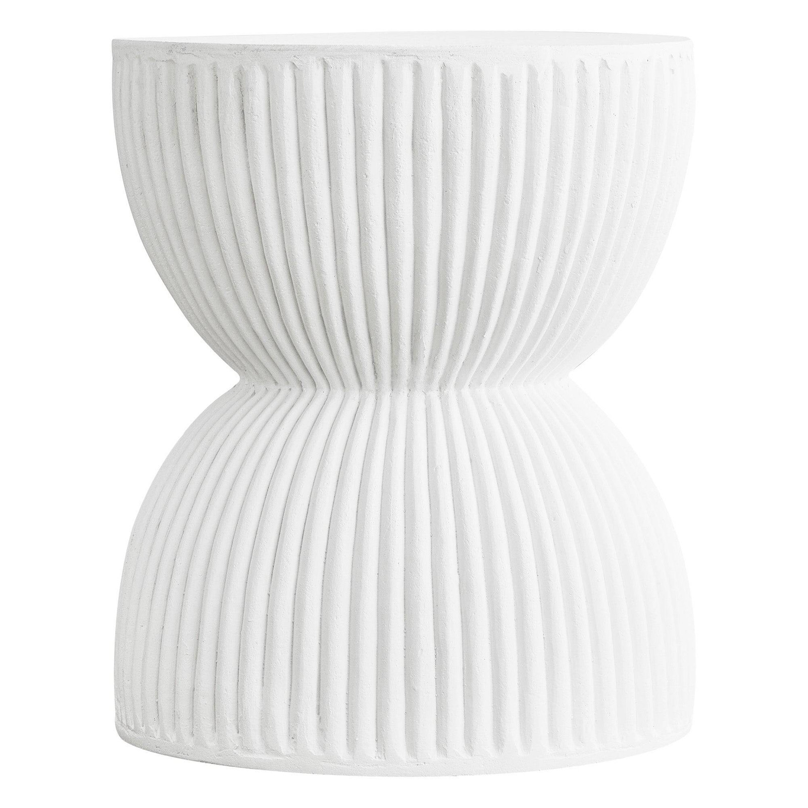 LeisureMod 15″ Round Fiberstone Side Table Hourglass Design in White