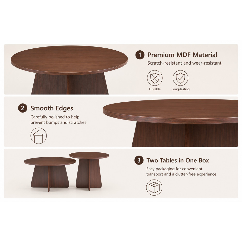 Retro Nesting Coffee Table Set, Round Side Tables with Wood Legs