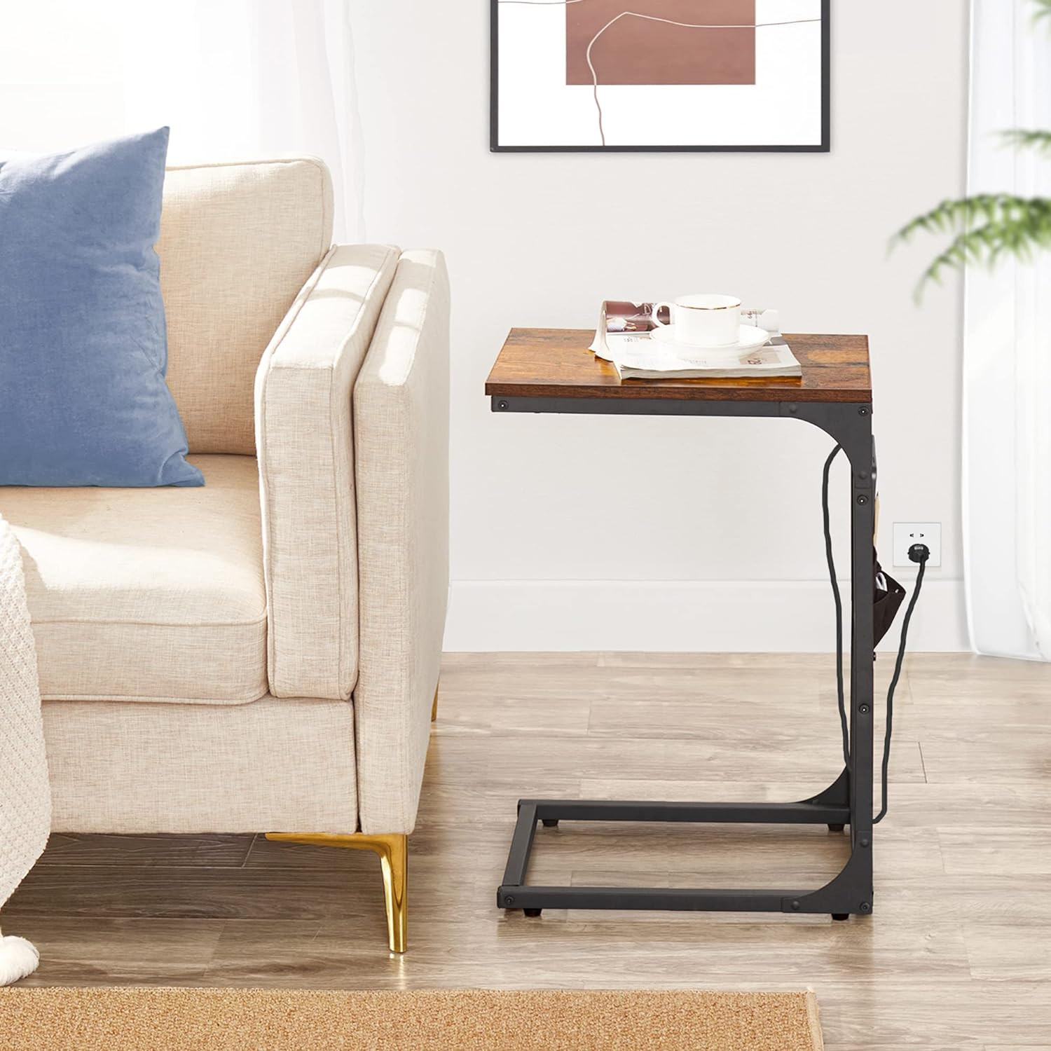 Brown C-Shaped End Table with Charging Station, 2 USB Ports and Storage for Home