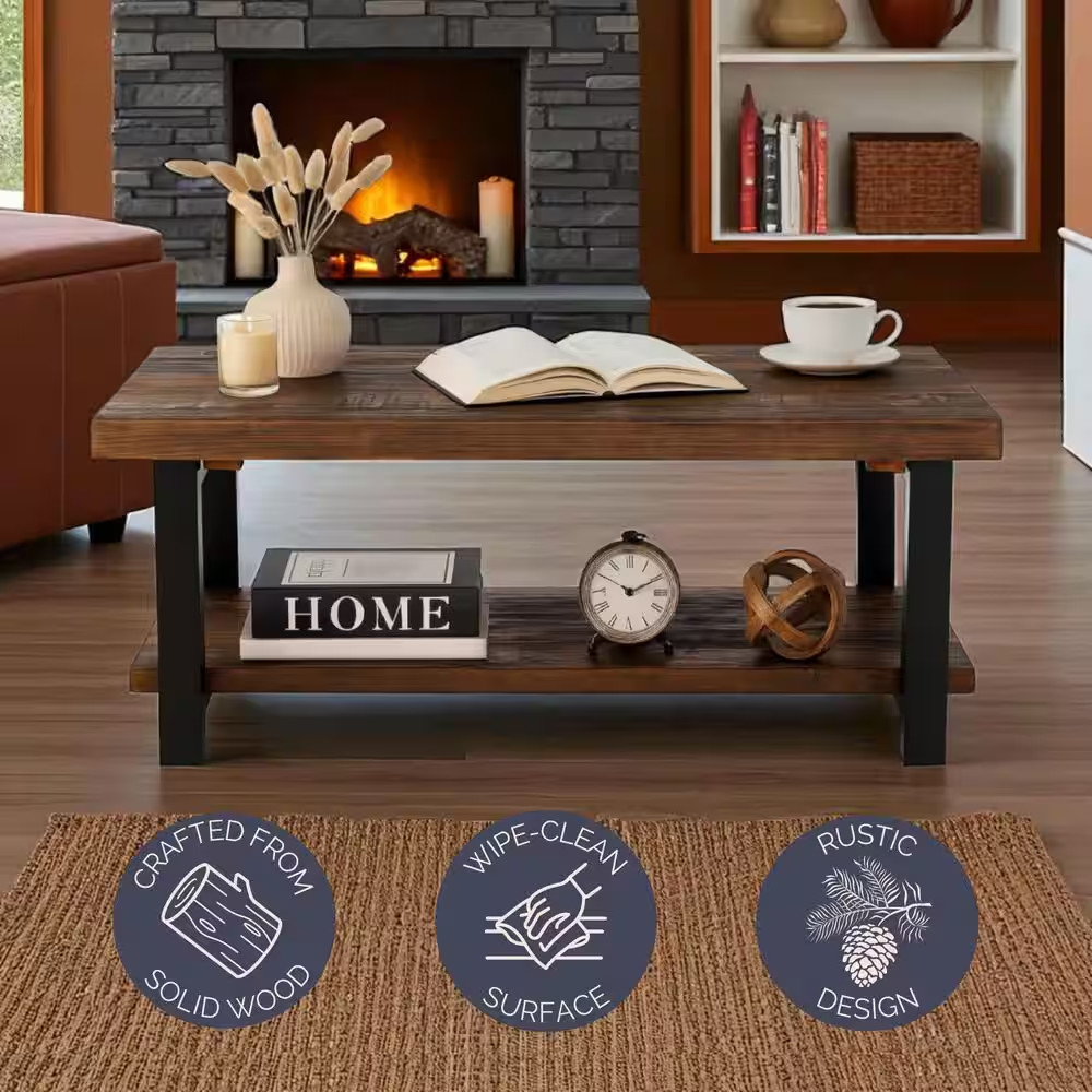 Pomona 42 In. Rustic/Natural Rectangle Wood Top Coffee Table with Shelf