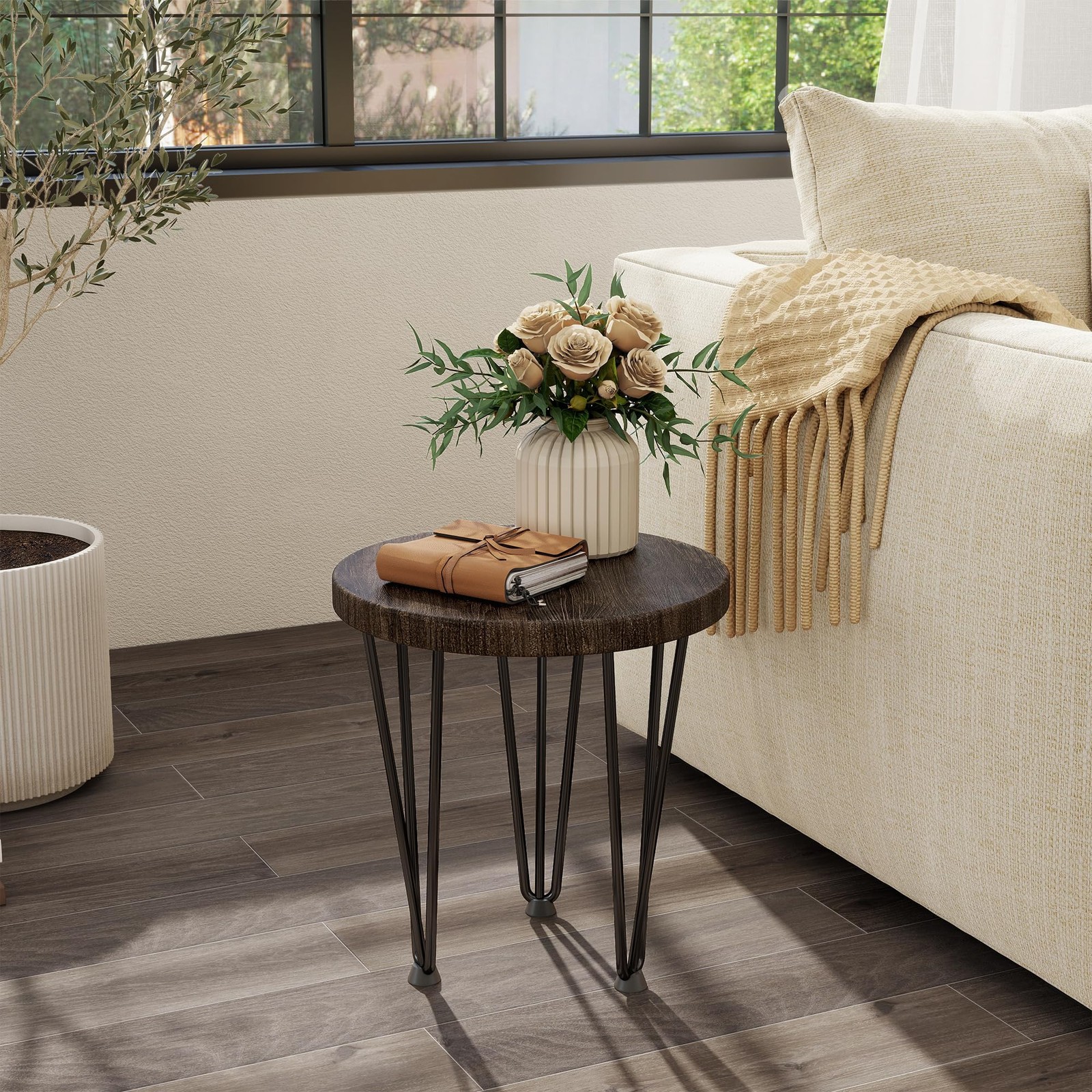 Round Coffee Table – Elm Wood Nesting Table with Metal Legs & Non Slip Feet B…
