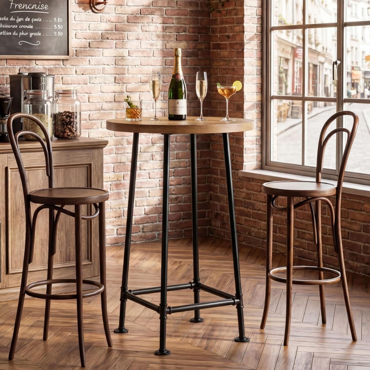 Industrial Round Bar Table, 39.4″ Small High Top Pub Table with Metal Footrest