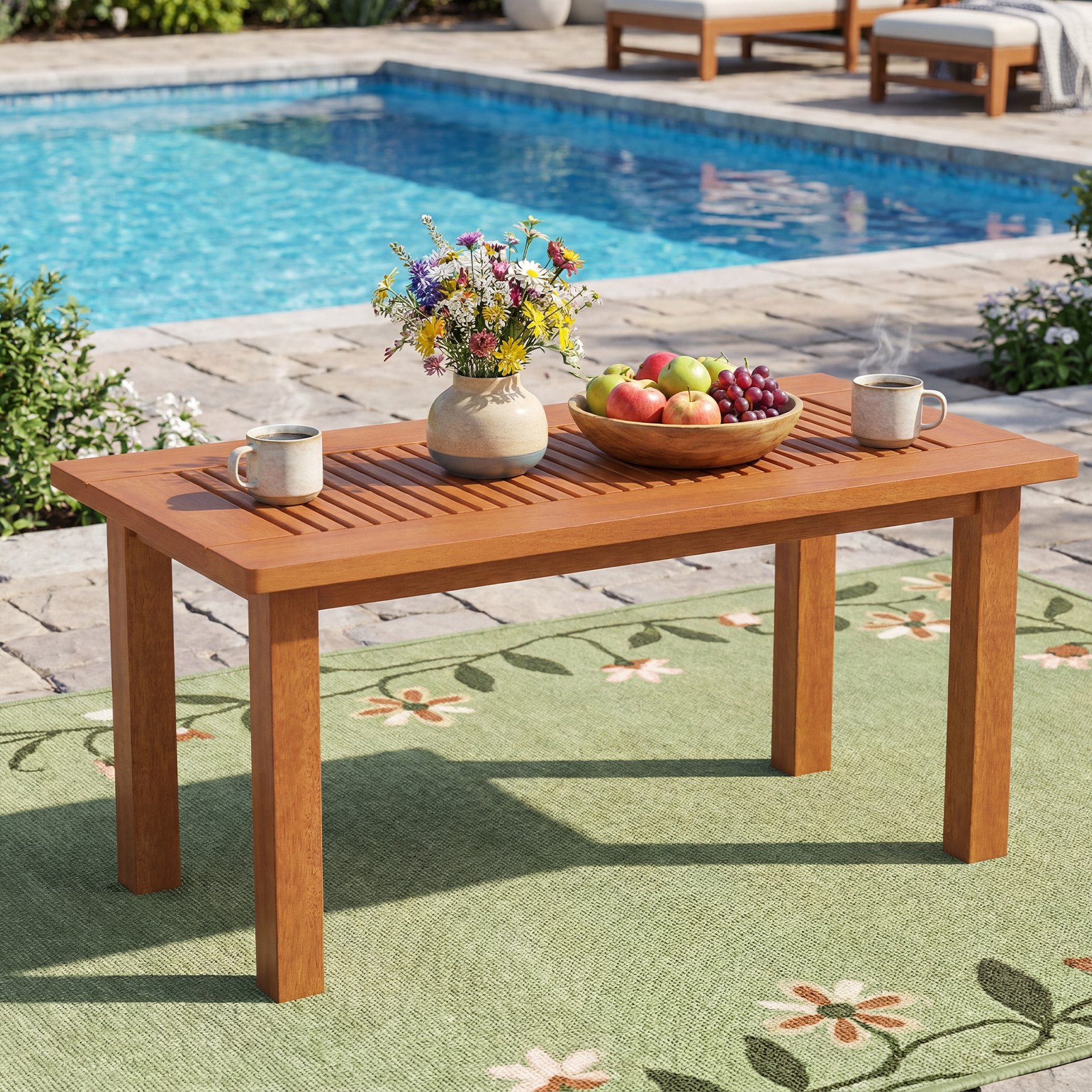 35.5 Inch Outdoor Coffee Table w/Slatted Top, Teak Oil Finish for Deck, Garden