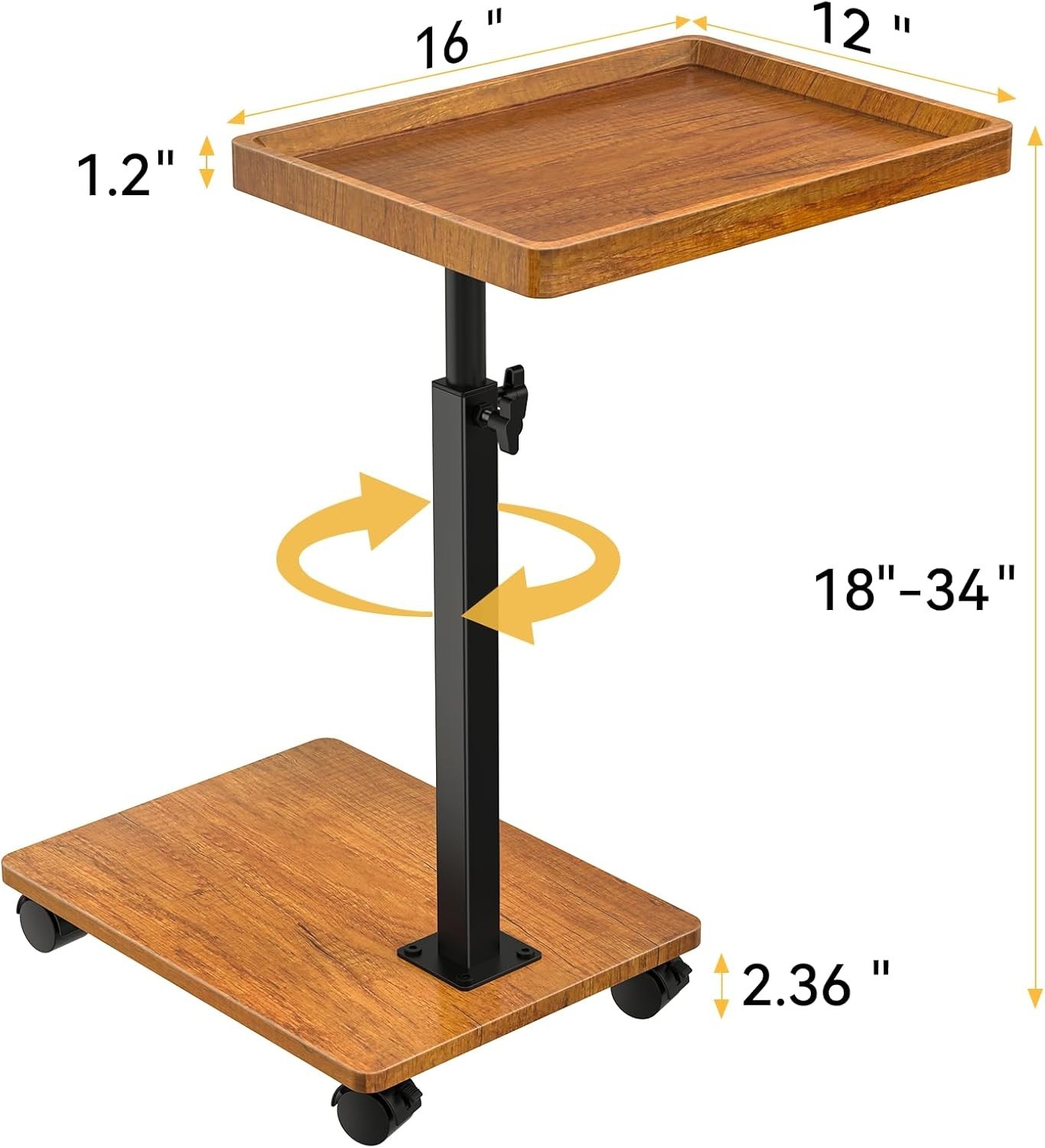 Adjustable Height Swivel C Side Table with Wheels for Sofa Bed Living Room