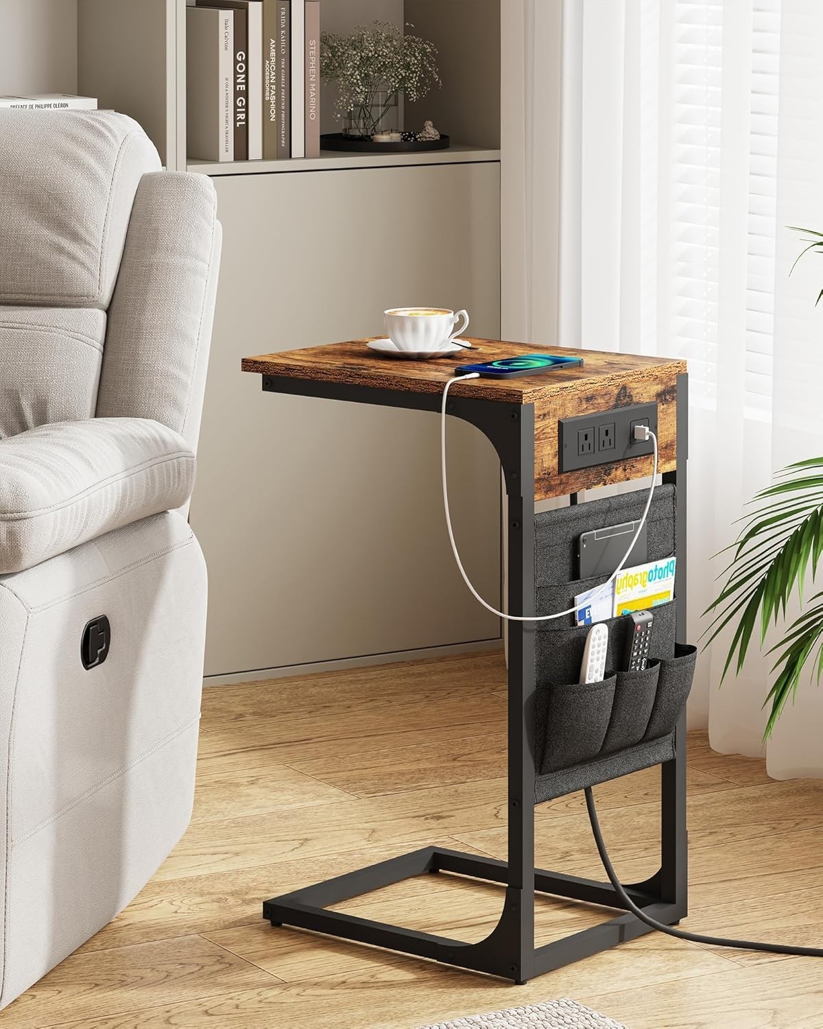C Shaped End Table with Charging Station, Side Table for Sofa, Couch Table wi…